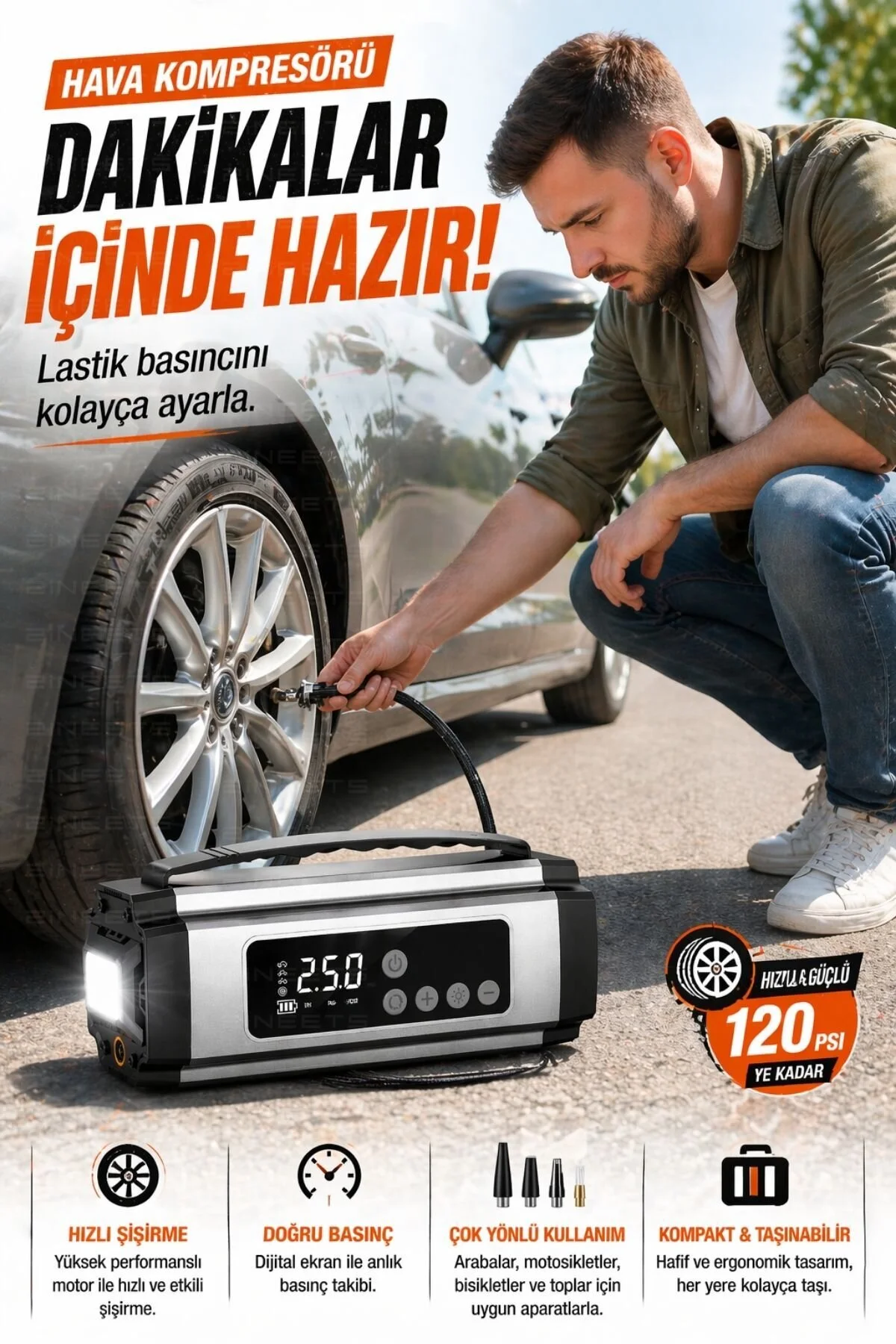 Zineets Pro Taşınabilir Dijital Göstergeli Araç Lastik Sişirme Ve Araç Takviye Cihazı Akü 12V Starter Seti