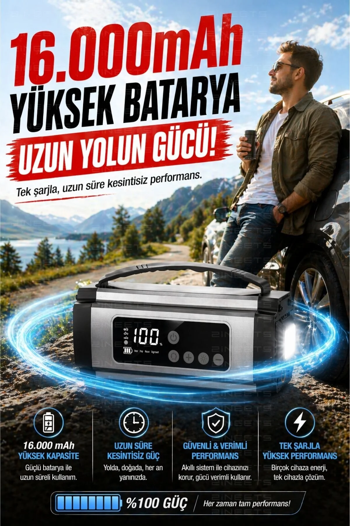 Zineets Pro Taşınabilir Dijital Göstergeli Araç Lastik Sişirme Ve Araç Takviye Cihazı Akü 12V Starter Seti