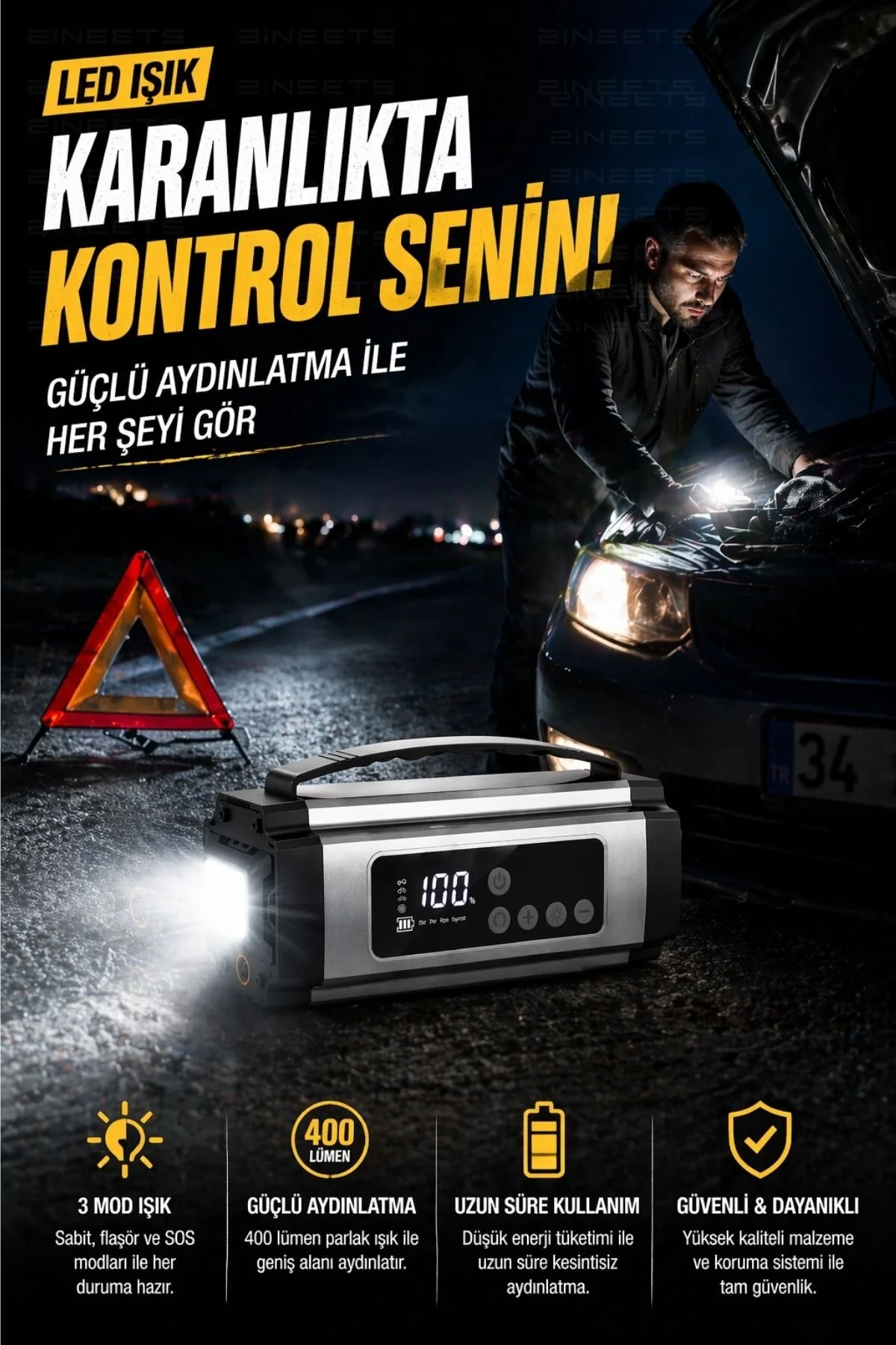 Zineets Pro Taşınabilir Dijital Göstergeli Araç Lastik Sişirme Ve Araç Takviye Cihazı Akü 12V Starter Seti
