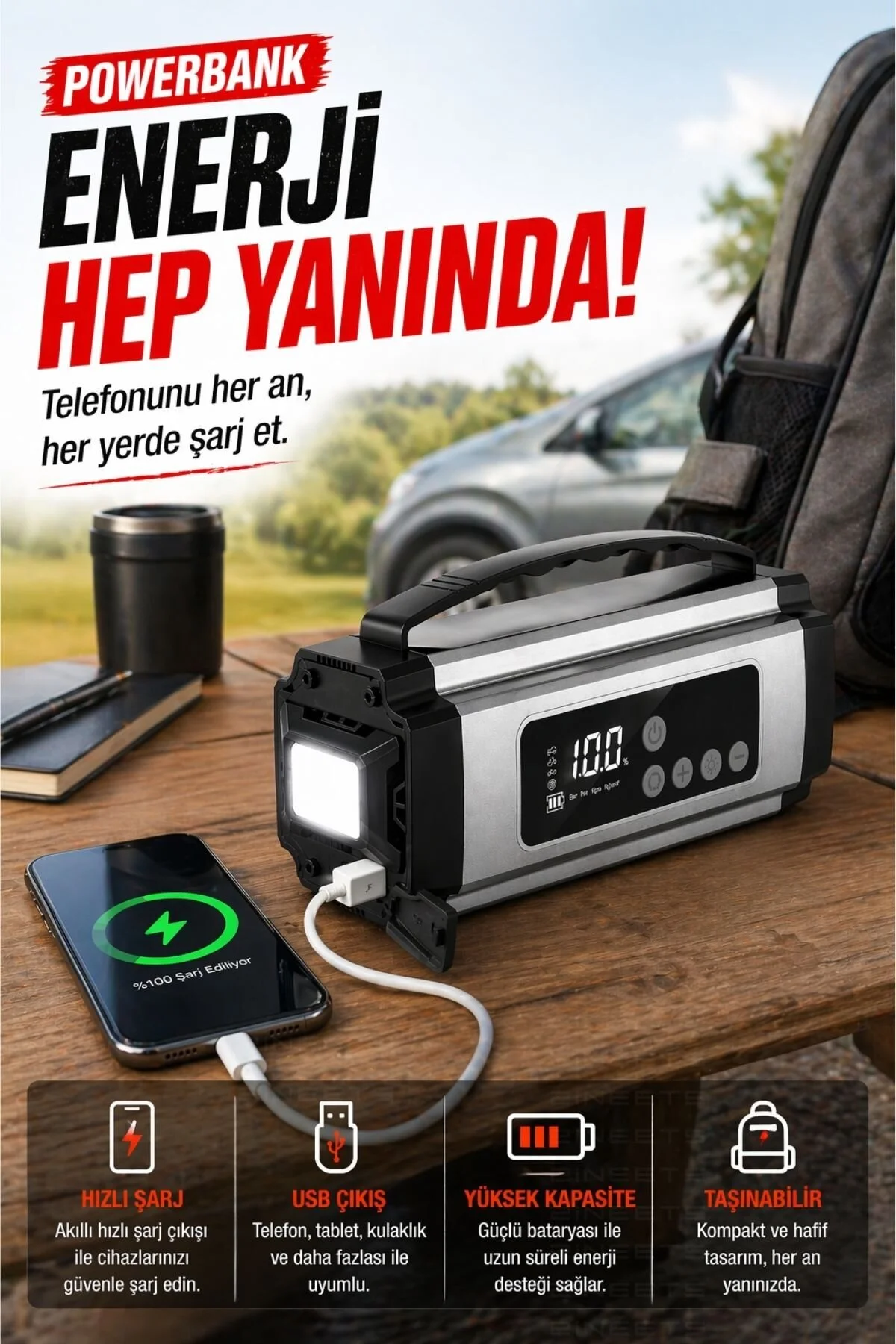Zineets Pro Taşınabilir Dijital Göstergeli Araç Lastik Sişirme Ve Araç Takviye Cihazı Akü 12V Starter Seti