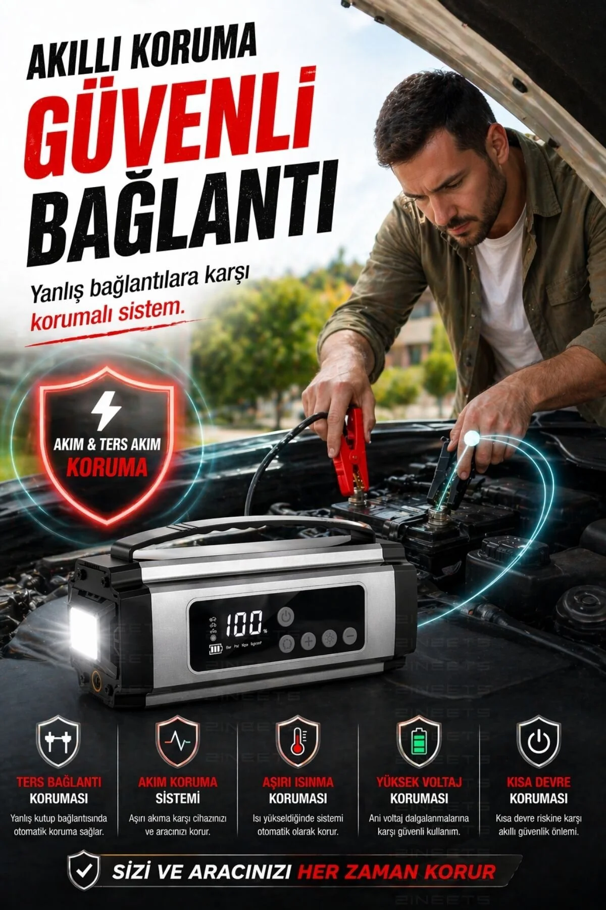 Zineets Pro Taşınabilir Dijital Göstergeli Araç Lastik Sişirme Ve Araç Takviye Cihazı Akü 12V Starter Seti