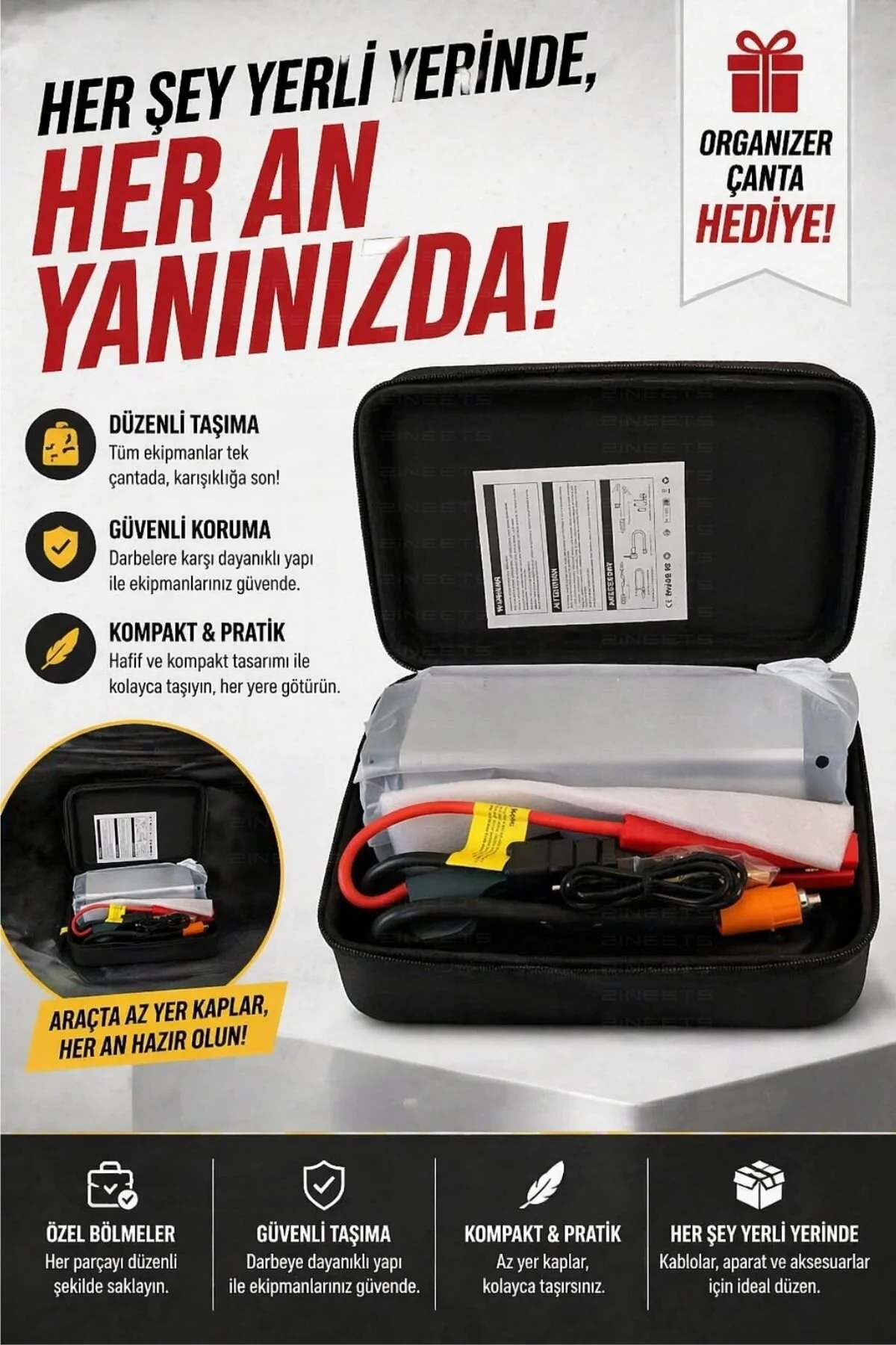 Zineets Pro Taşınabilir Dijital Göstergeli Araç Lastik Sişirme Ve Araç Takviye Cihazı Akü 12V Starter Seti