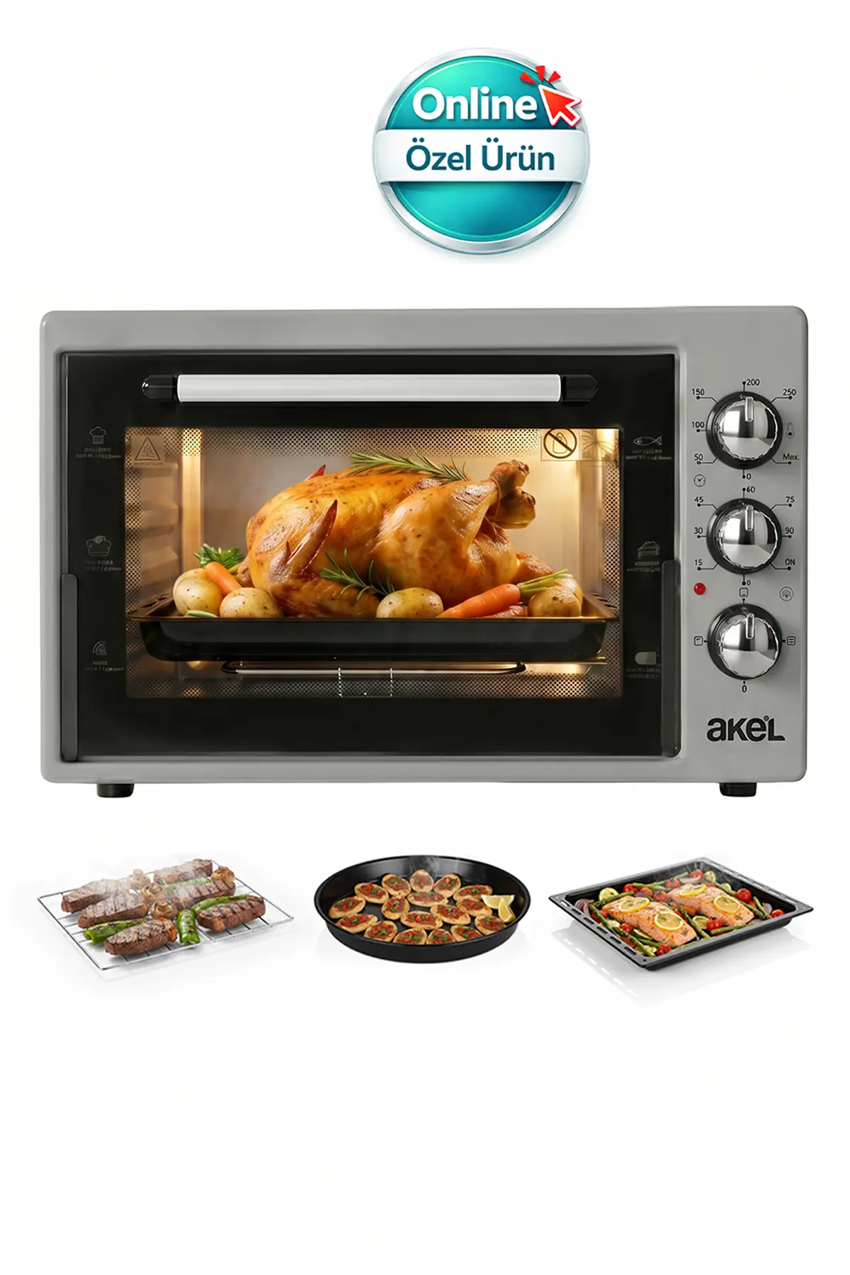 Akel AF340L 34lt Gri Mini/Midi Fırın, Aydınlatmalı, Zaman Ayarlı, Izgara & Fırın, 2 Tepsi 1 Tel Izgara
