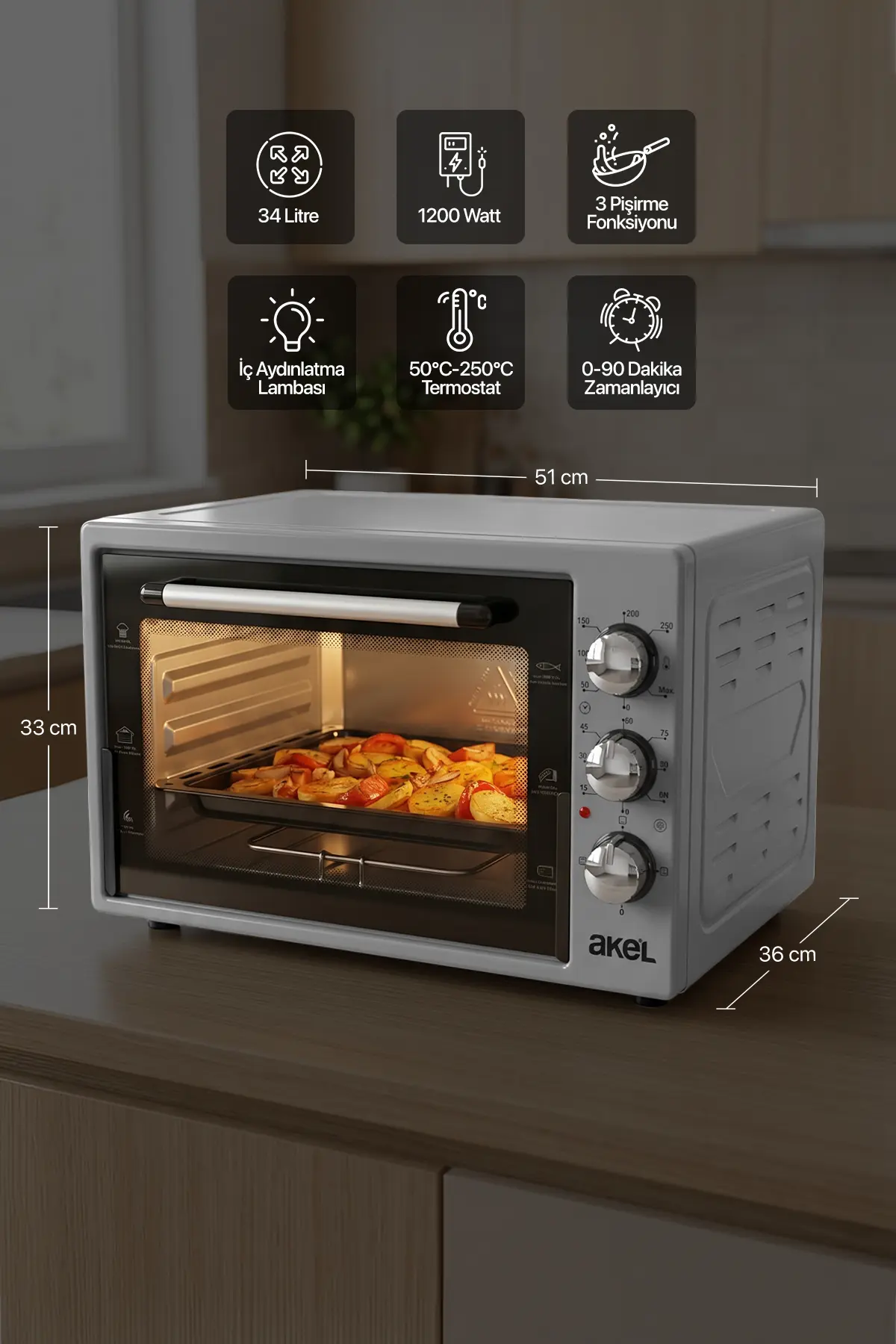 Akel AF340L 34lt Gri Mini/Midi Fırın, Aydınlatmalı, Zaman Ayarlı, Izgara & Fırın, 2 Tepsi 1 Tel Izgara