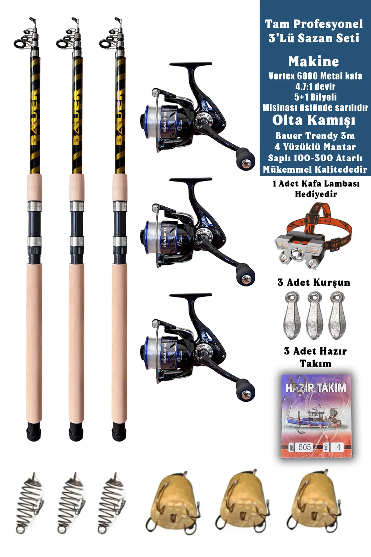 ALASTOR Profesyonel Sazan Olta Seti Ultra Pro 3'Lü Set 100-300 Atarlı Olta Kamışı Olta Makinesi Turna Levrek Seti