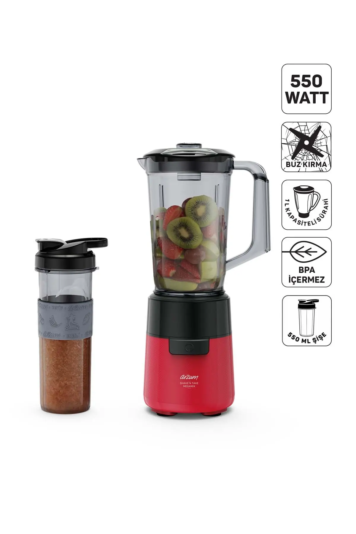 Arzum AR1196 Shake'N Take Megamix Sürahi Blender 550W, 1L Sürahi, 550 ml Taşınabilir Şişe, Kırmızı