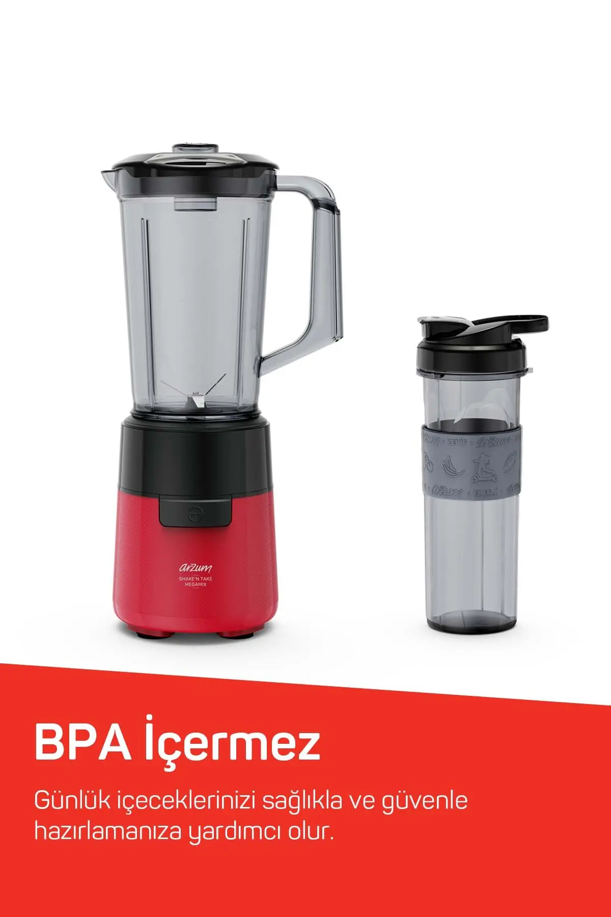 Arzum AR1196 Shake'N Take Megamix Sürahi Blender 550W, 1L Sürahi, 550 ml Taşınabilir Şişe, Kırmızı