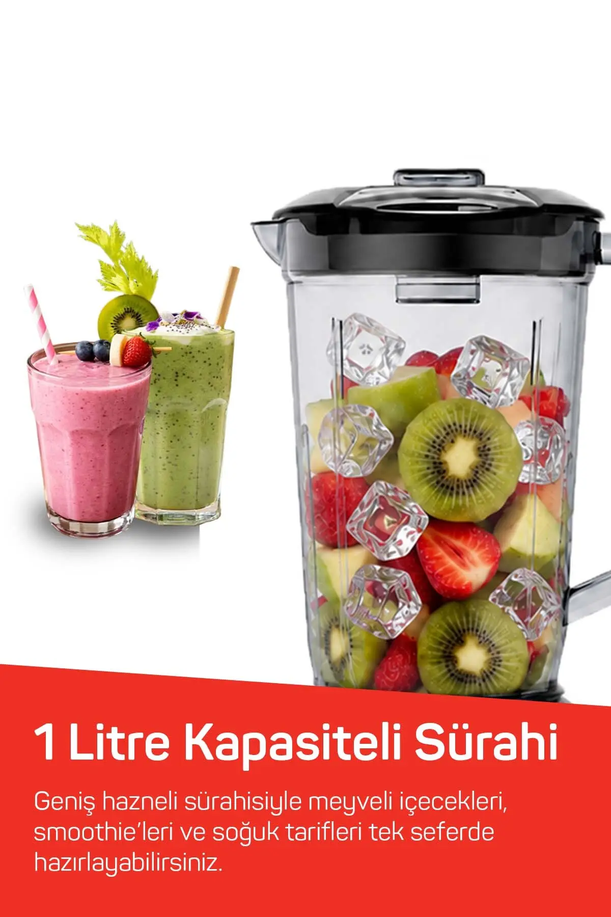 Arzum AR1196 Shake'N Take Megamix Sürahi Blender 550W, 1L Sürahi, 550 ml Taşınabilir Şişe, Kırmızı