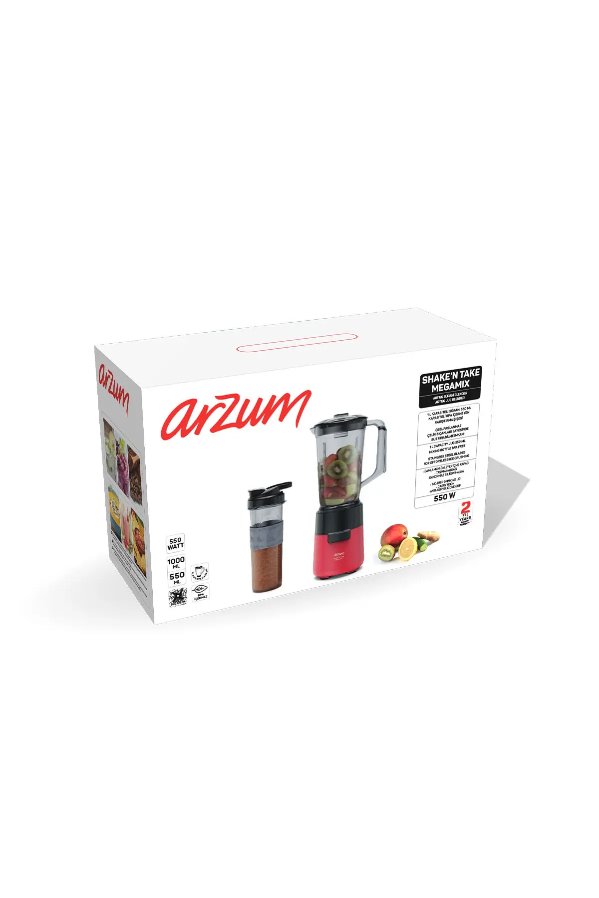 Arzum AR1196 Shake'N Take Megamix Sürahi Blender 550W, 1L Sürahi, 550 ml Taşınabilir Şişe, Kırmızı