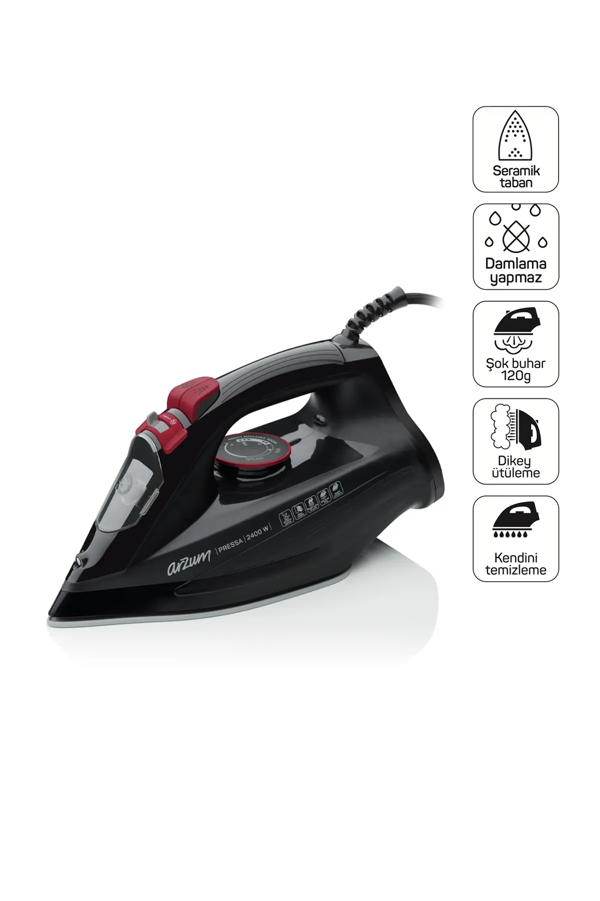 Arzum AR6020 Pressa 2400Watt Seramik Taban Buharlı Ütü,Şok Buhar