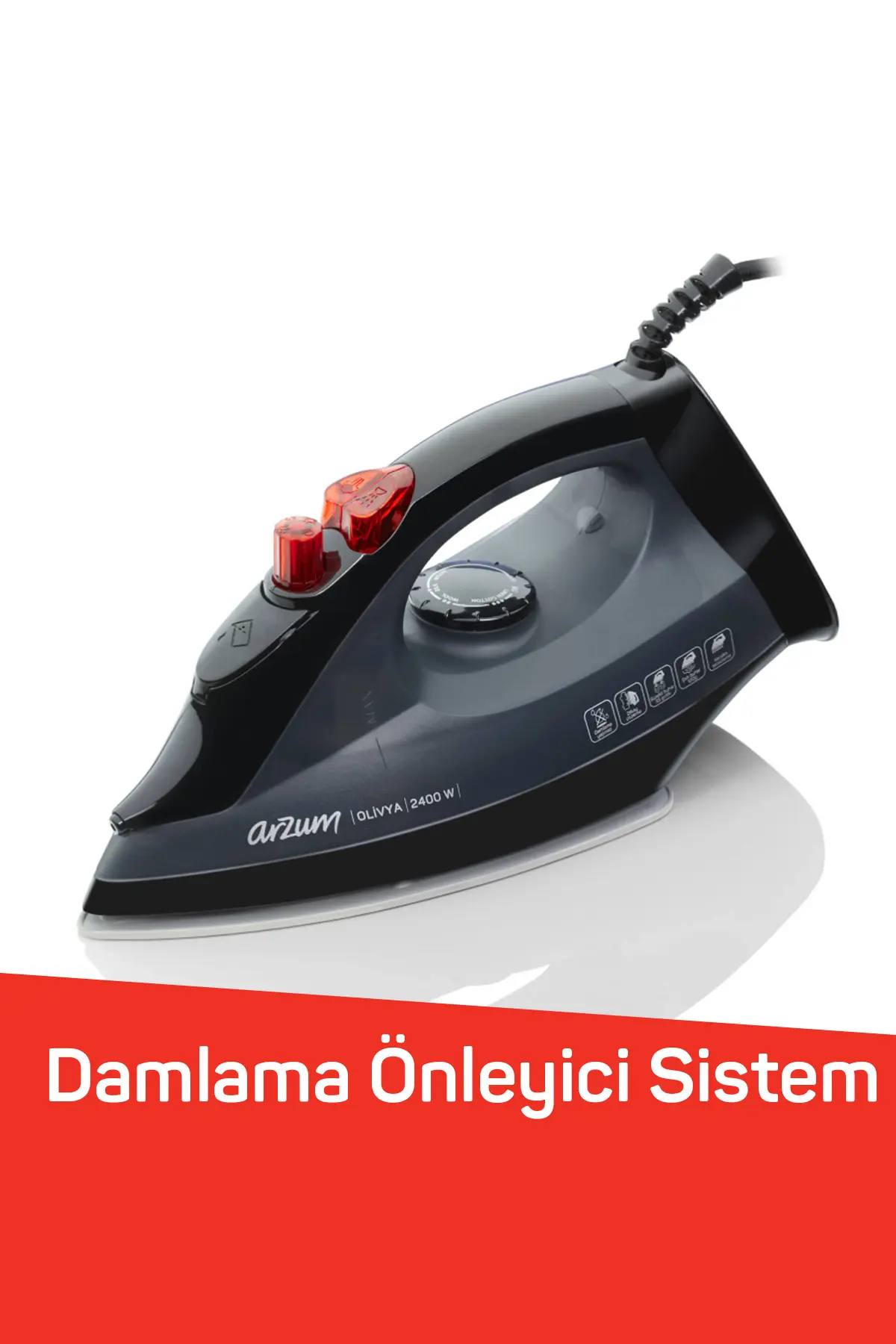 Arzum AR684 Olivya Buharlı Ütü 2400W, Seramik Taban, Dikey Buhar, Şok Buhar, Damlama Önleme, Siyah