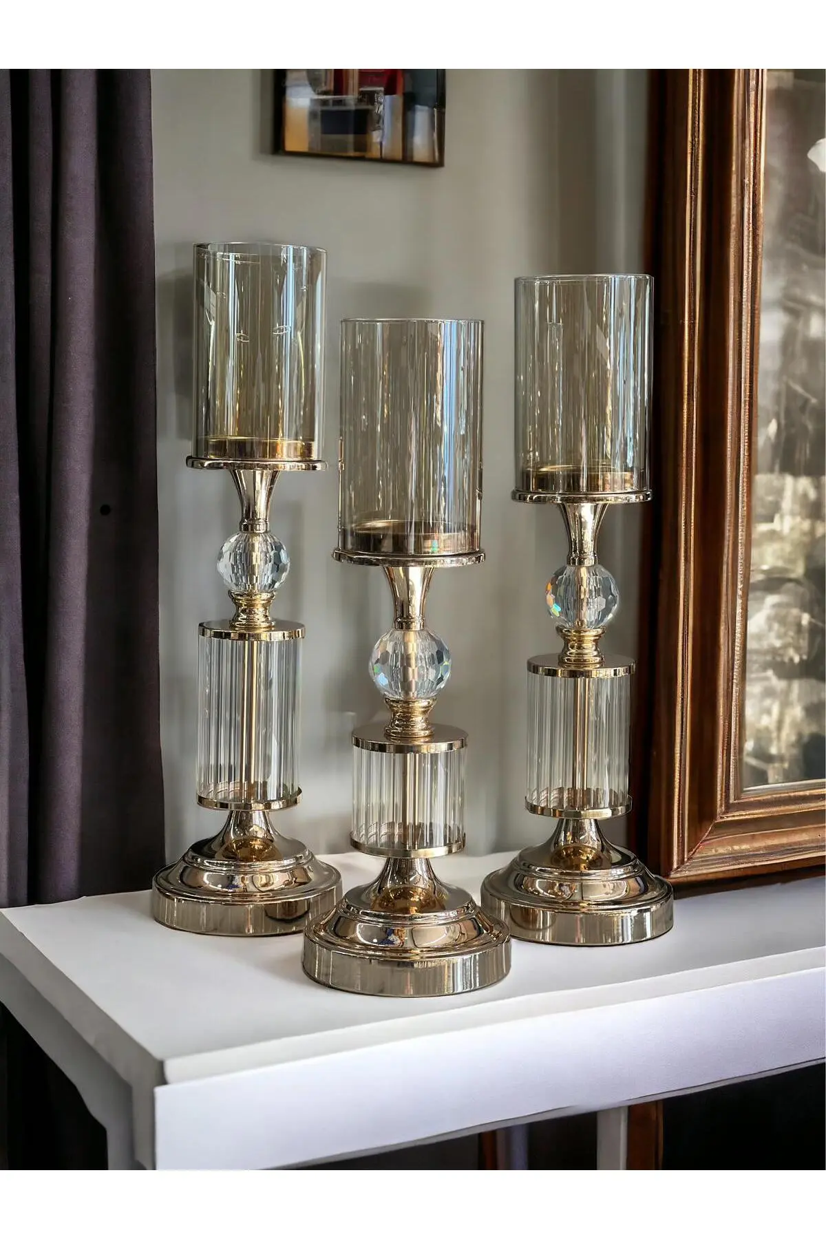 ArzzHome Dekoratif 3 Lü Kristal Şamdan & Mumluk Rose Gold