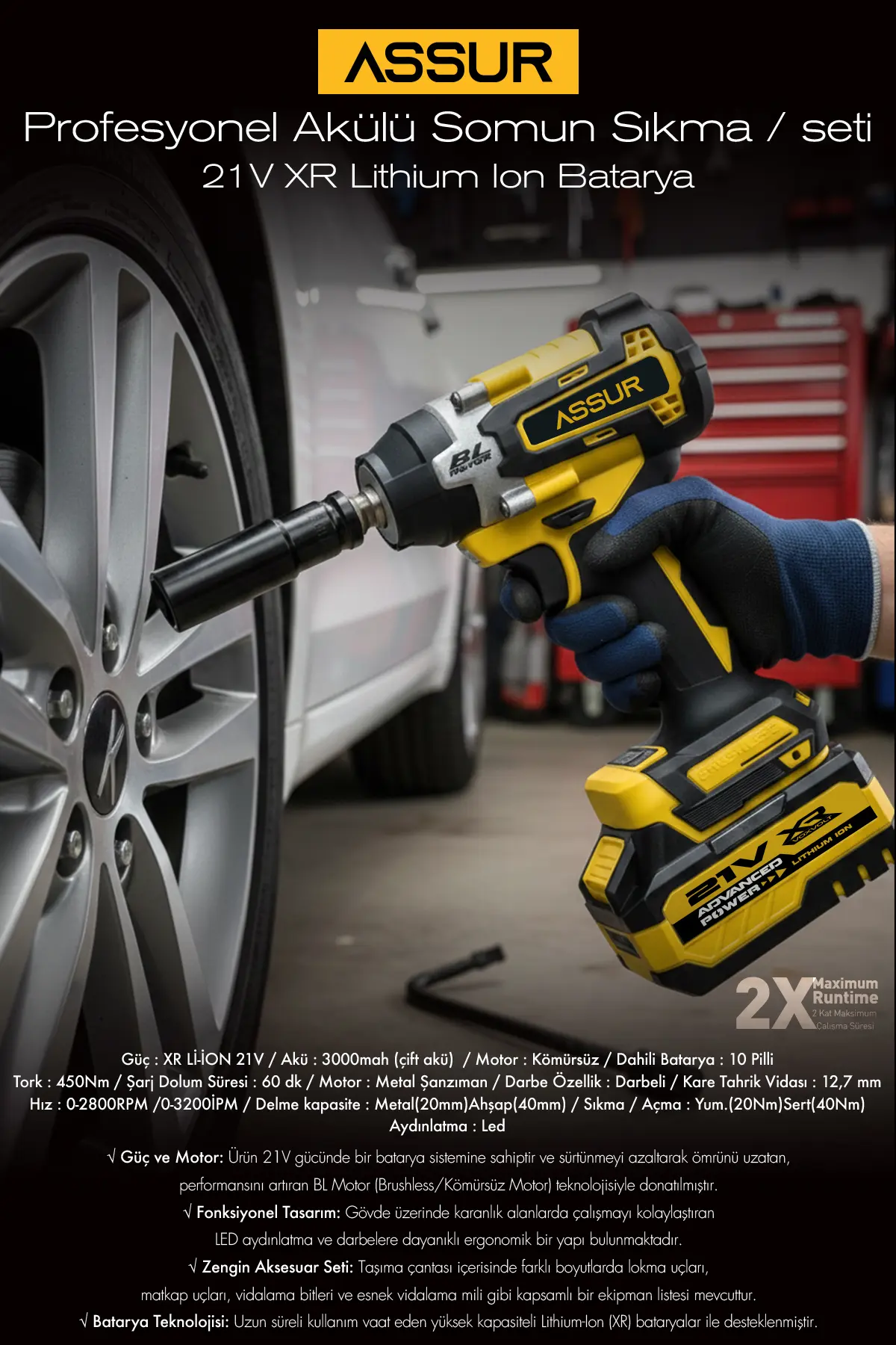 ASSUR 450 NM TORKLU PRO 21V ÇİFT AKÜLÜ KÖMÜRSÜZ 1/2 SOMUN SÖKME SIKMA MAKİNESİ