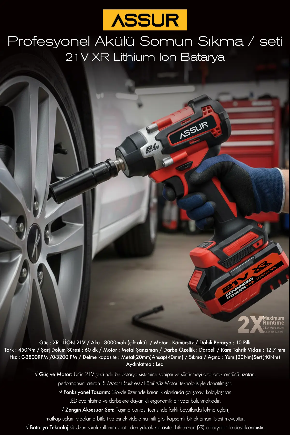 ASSUR 450NM TORKLU PRO 21V ÇİFT AKÜLÜ KÖMÜRSÜZ 1/2 SOMUN SÖKME SIKMA MAKİNESİ
