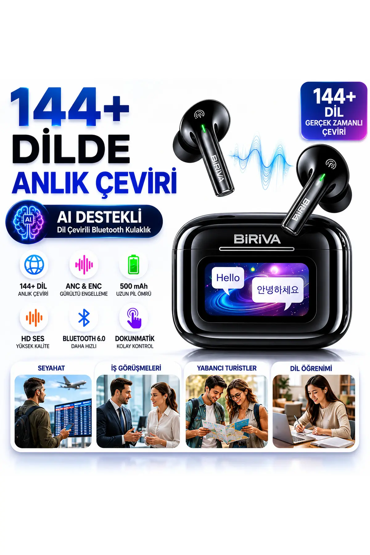 BİRİVA TP29 AI Dil Çevirili Bluetooth 6.0 Kulaklık | 500 mAh Batarya, ANC & ENC, Anlık Tercüme, HD Ses