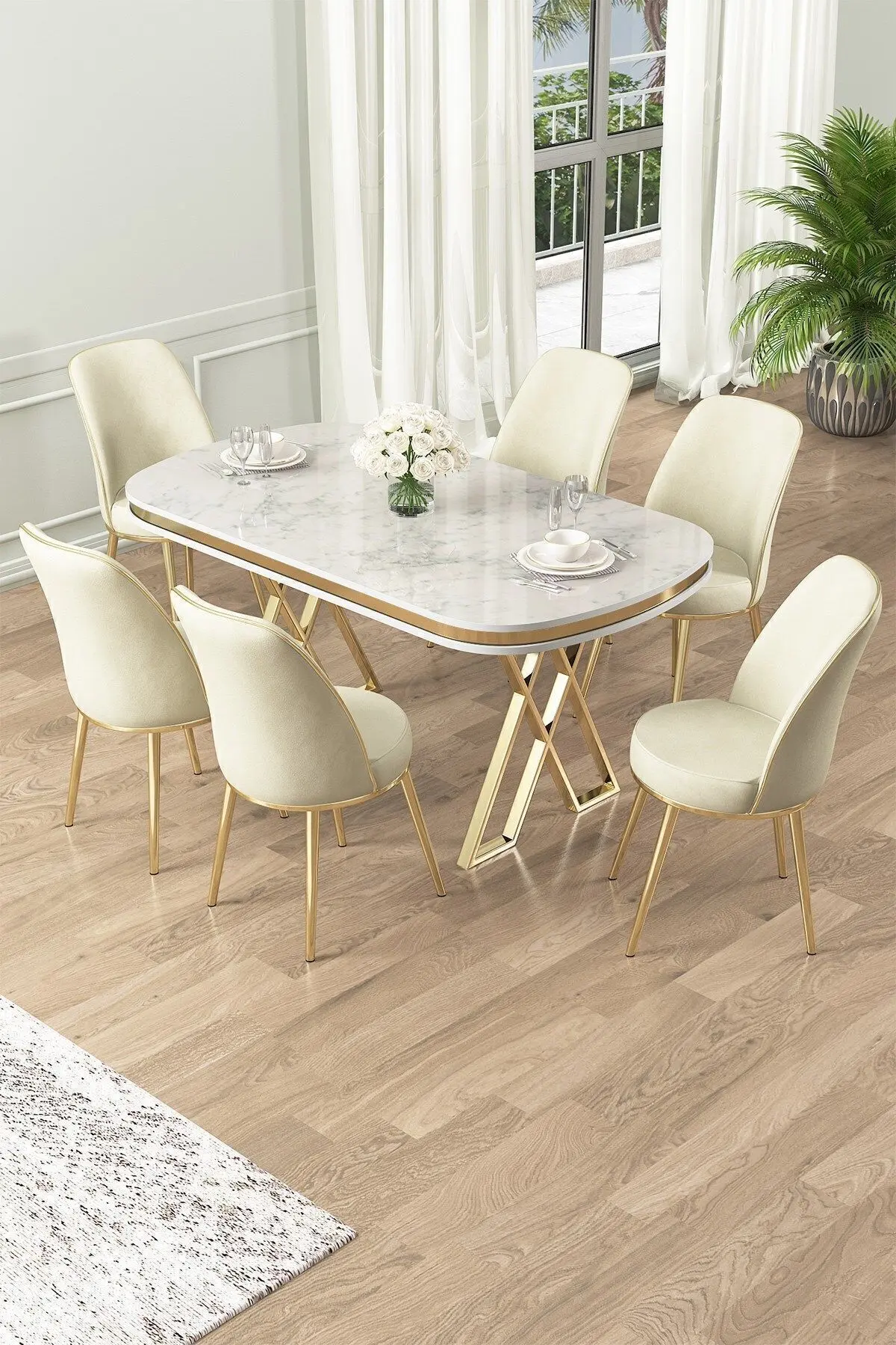 Canisa Lai Serisi 90x168 Lak Panel Beyaz Mermer Desen Gold Ayak Masa Takımı 6 Krem Sandalye