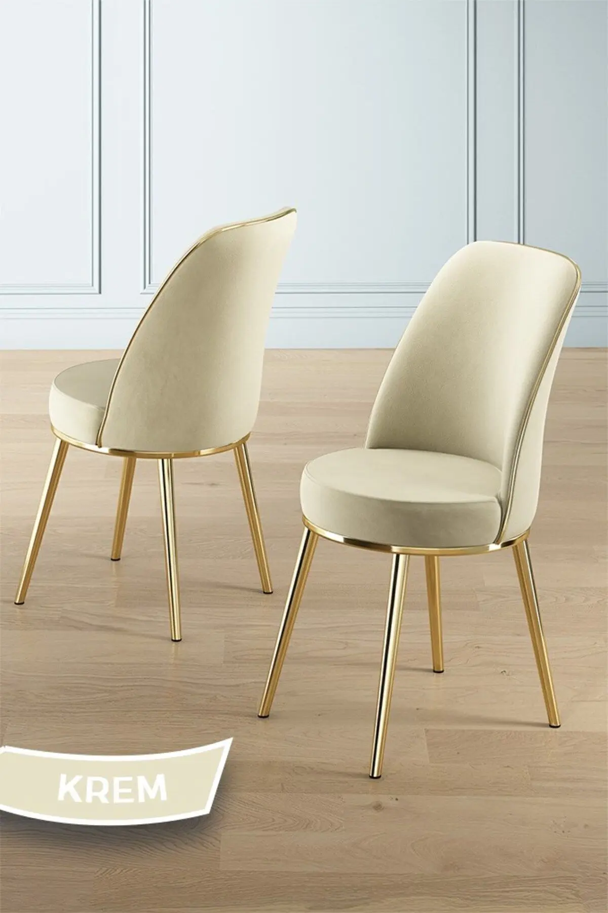 Canisa Lai Serisi 90x168 Lak Panel Beyaz Mermer Desen Gold Ayak Masa Takımı 6 Krem Sandalye