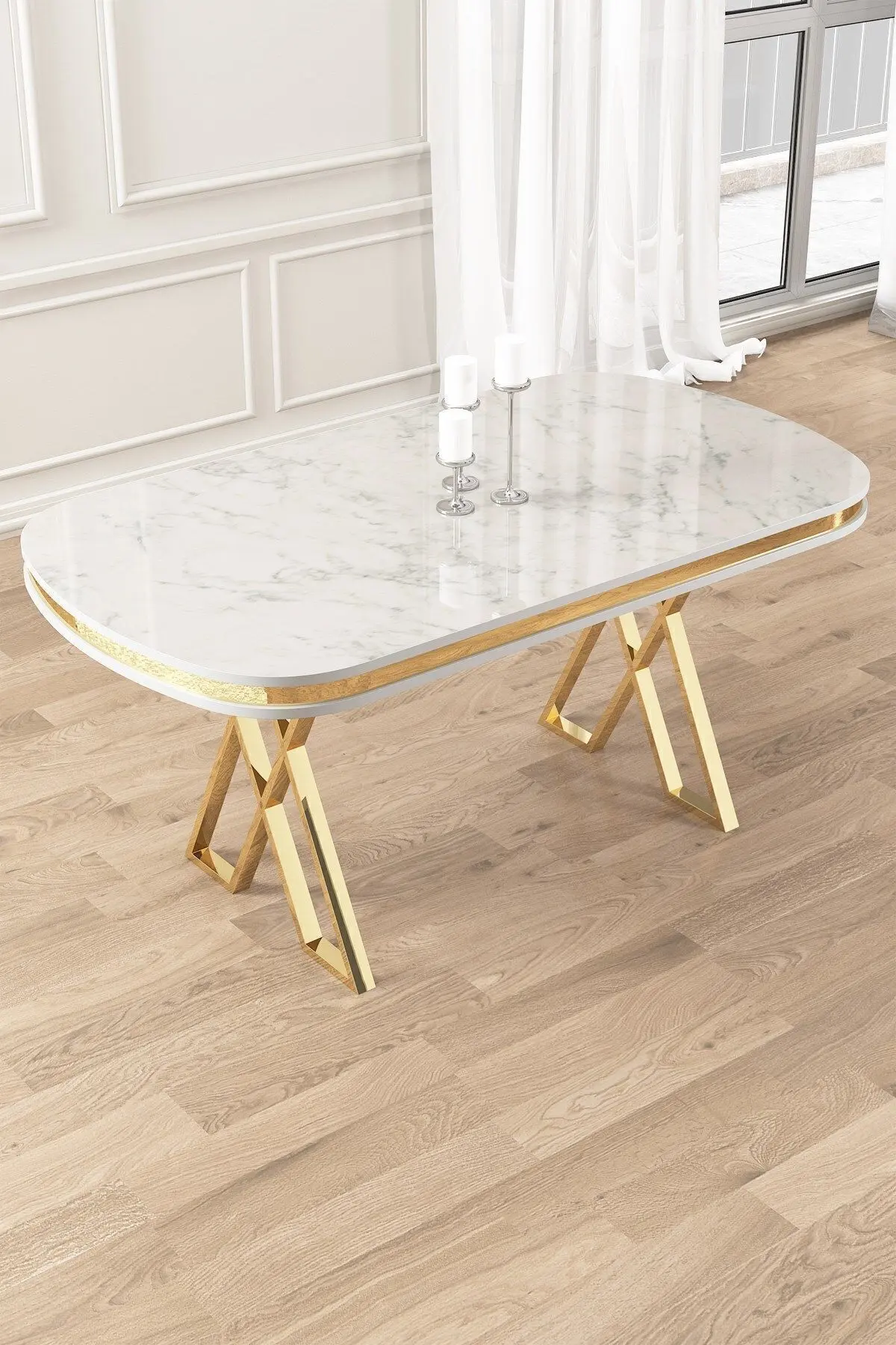 Canisa Lai Serisi 90x168 Lak Panel Beyaz Mermer Desen Gold Ayak Masa Takımı 6 Krem Sandalye