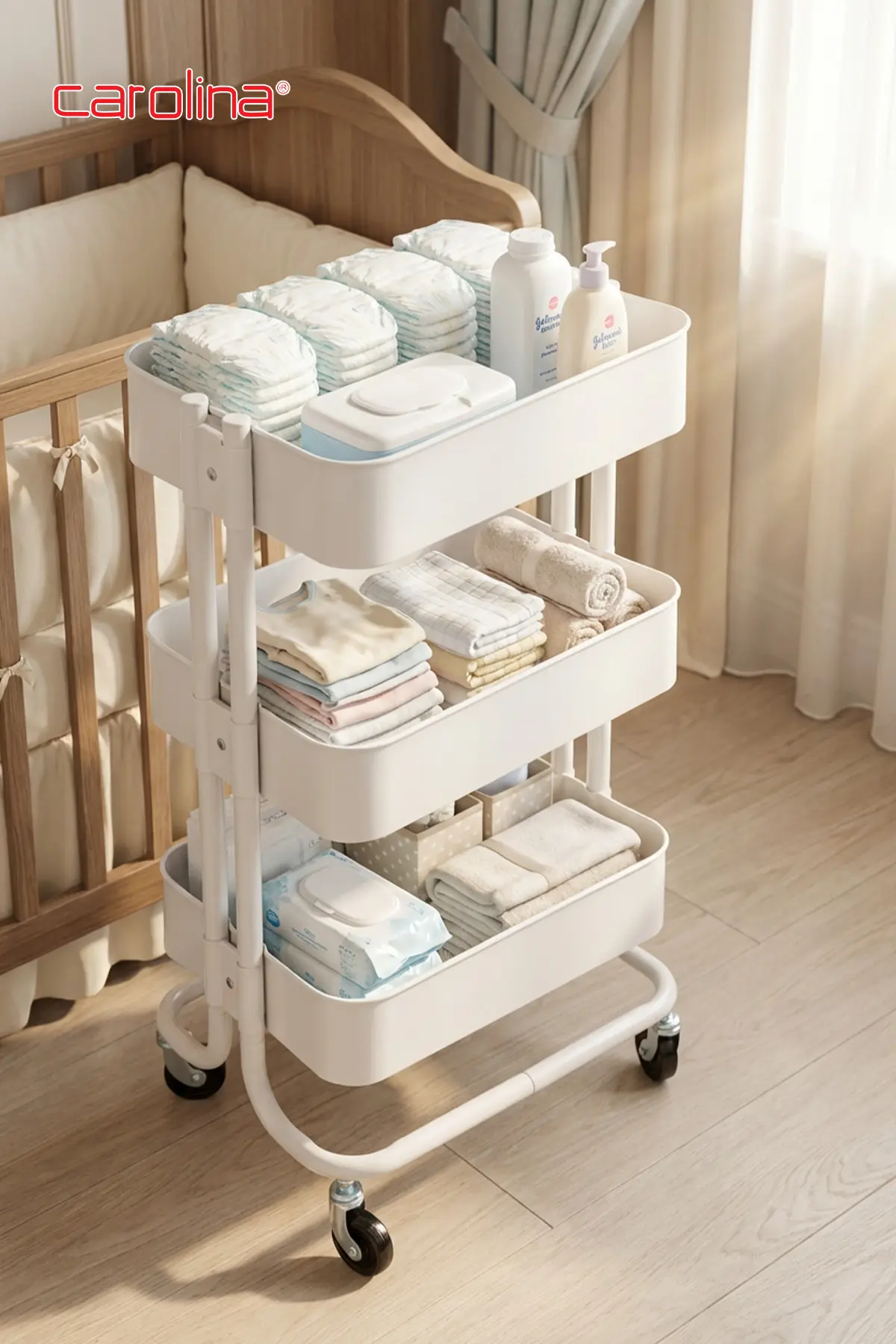 CAROLİNA Servis Arabası 35x45x80cm 3 Katlı Tekerlekli Metal Organizer Çok Amaçlı Mutfak, Banyo ve Ofis Beyaz