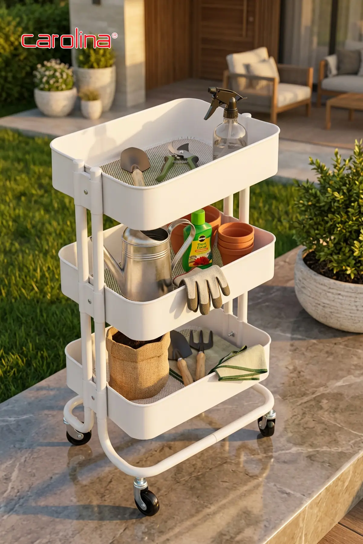 CAROLİNA Servis Arabası 35x45x80cm 3 Katlı Tekerlekli Metal Organizer Çok Amaçlı Mutfak, Banyo ve Ofis Beyaz