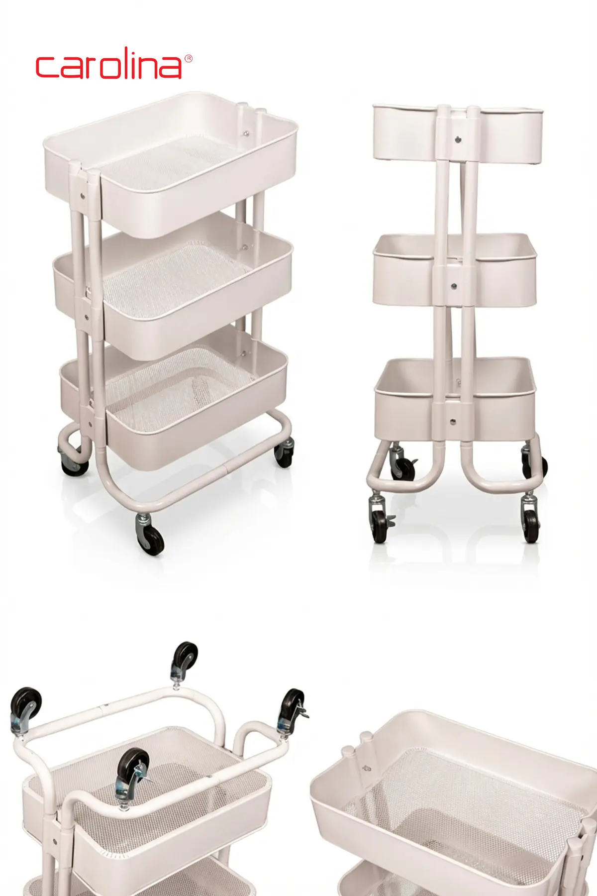 CAROLİNA Servis Arabası 35x45x80cm 3 Katlı Tekerlekli Metal Organizer Çok Amaçlı Mutfak, Banyo ve Ofis Beyaz