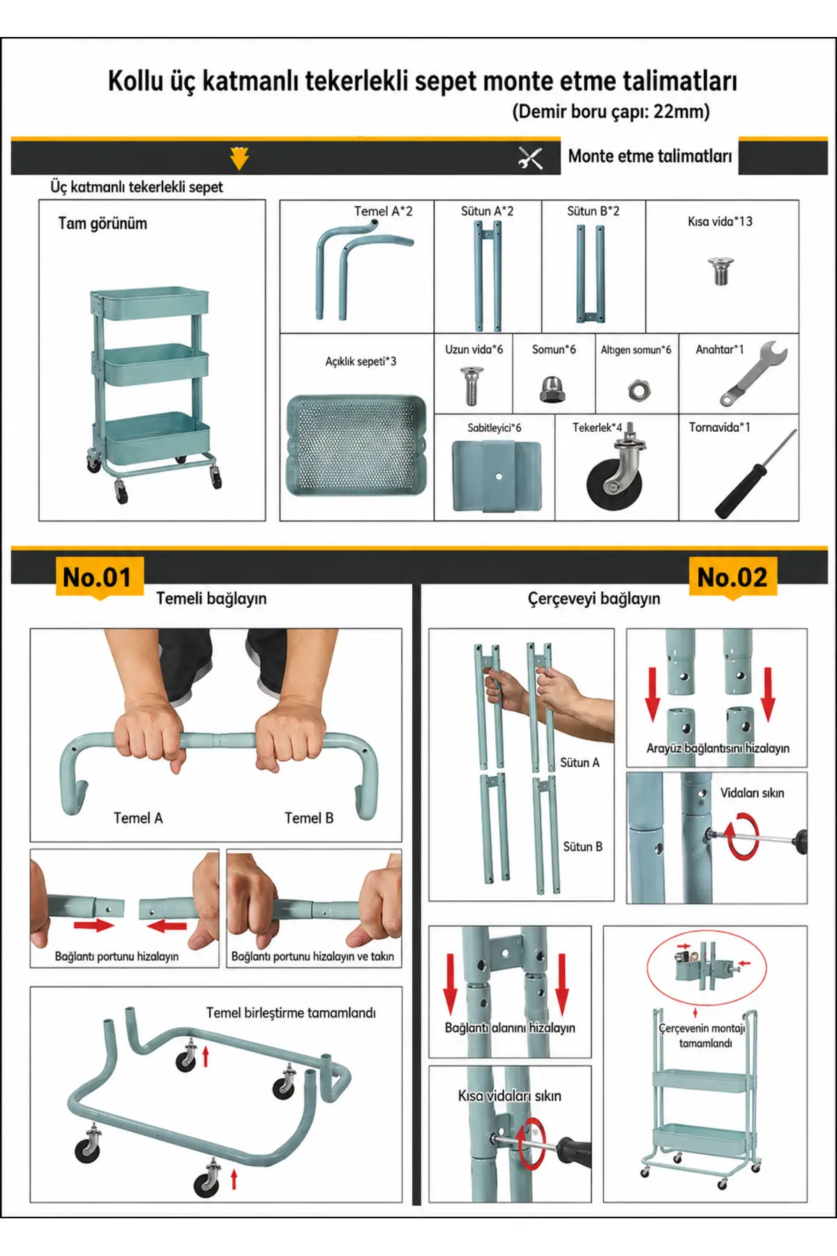 CAROLİNA Servis Arabası 35x45x80cm 3 Katlı Tekerlekli Metal Organizer Çok Amaçlı Mutfak, Banyo ve Ofis Beyaz
