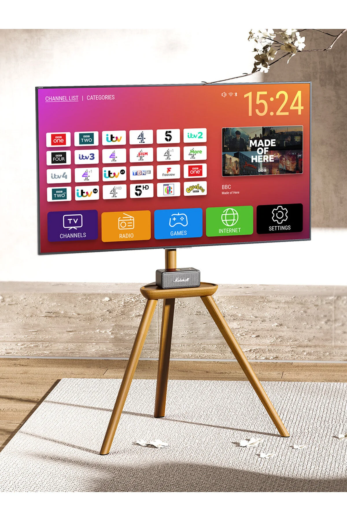 Cletech Masif Ahşap Şövalye Tipi Tv Standı 45"-65" | Raflı | 45° Döner | 40 kg Taşıma Kapasiteli