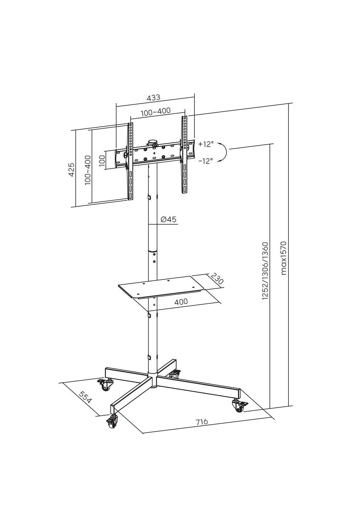 Cletech Tekerlekli Tv Standı 32"-55" | Ekonomik Seri | Yükseklik Ayarlı | Raflı | 35 kg Kapasiteli
