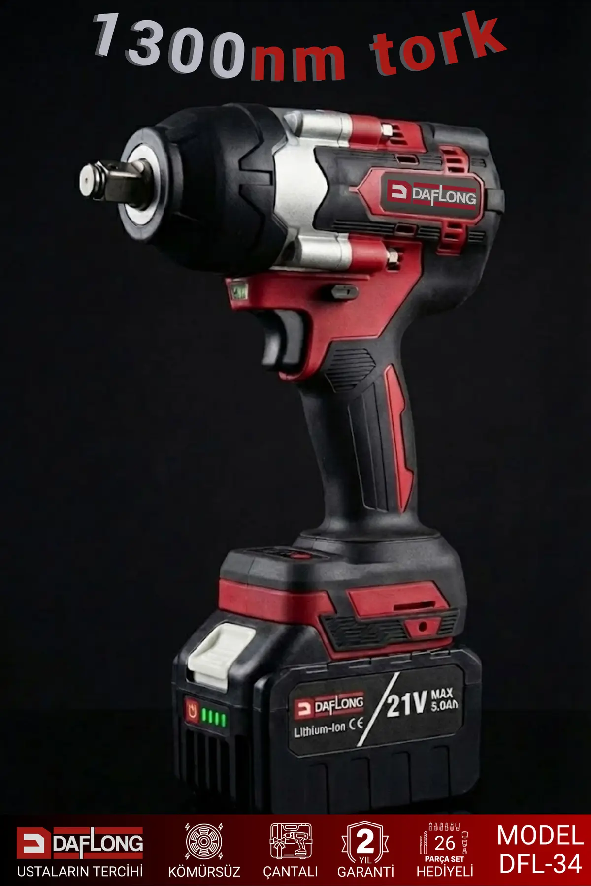 Daflong PRO 15 PİLLİ BATARYA 21V KÖMÜRSÜZ 1300NM TORKLU 1/2 ŞARJLI SOMUN SÖKME DFL34