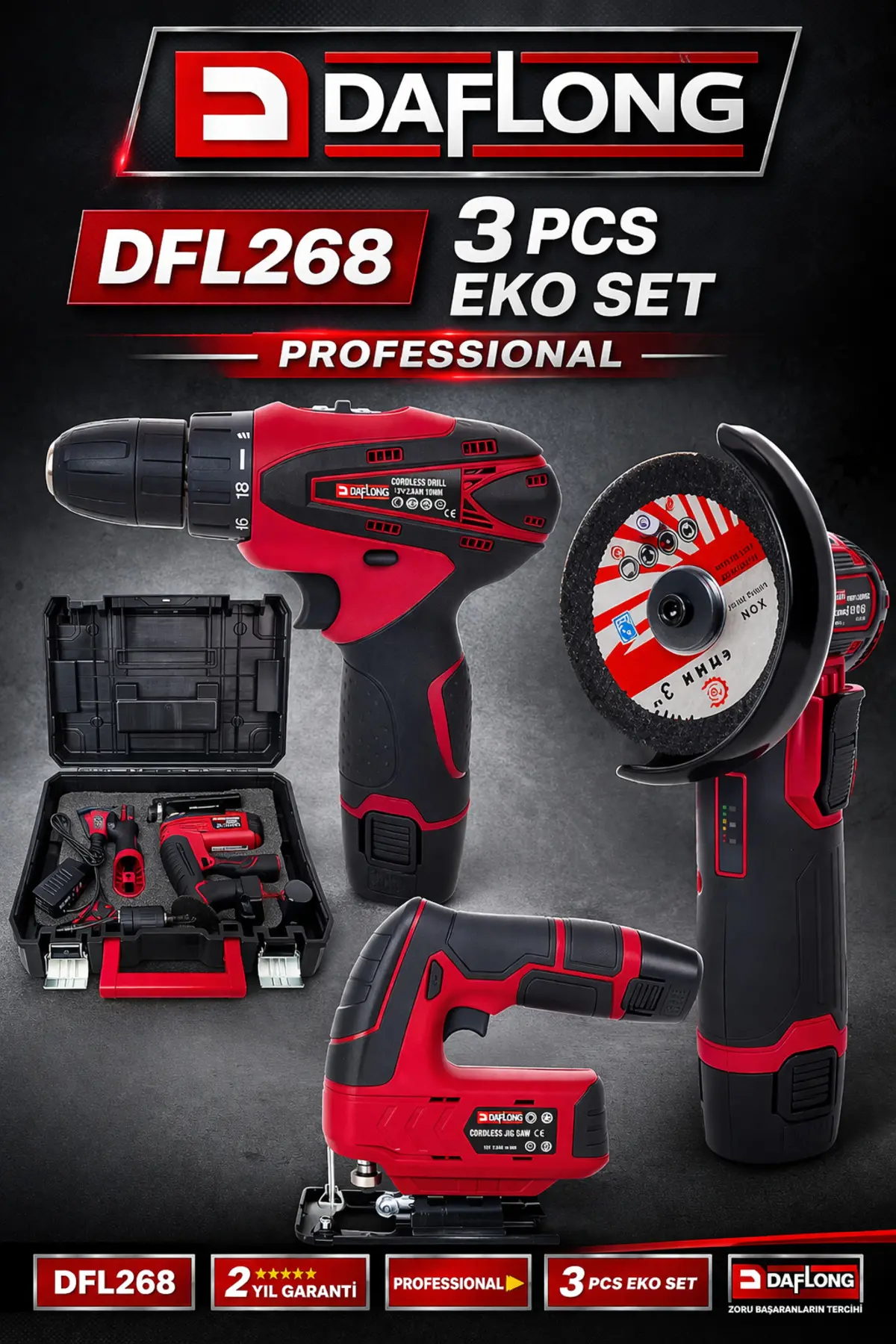 Daflong PRO BAKIR SARGILI MİNİ 3'LÜ HOBİ SETİ 76MM TAŞLAMA+Ş.DEKUPAJ+ARMUT BATARYA MATKAP DFL-268E