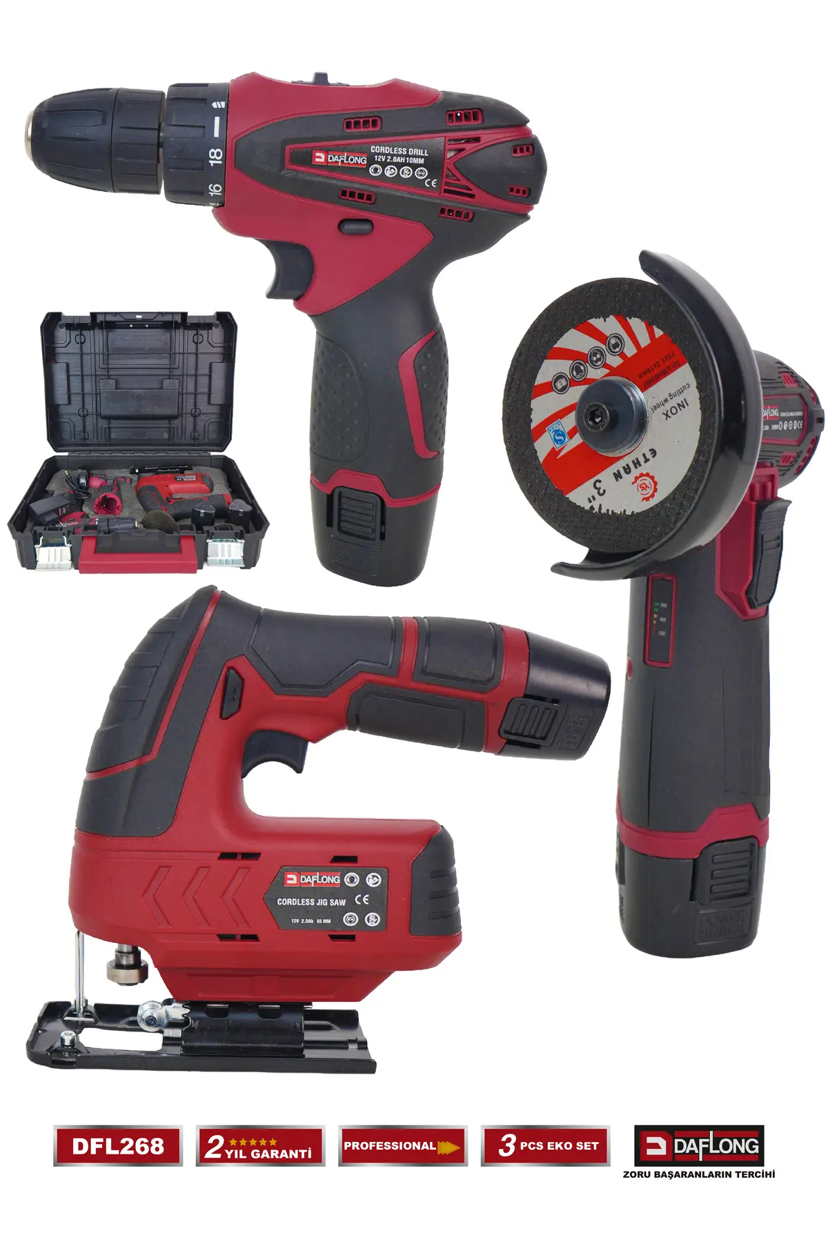 Daflong PRO BAKIR SARGILI MİNİ 3'LÜ HOBİ SETİ 76MM TAŞLAMA+Ş.DEKUPAJ+ARMUT BATARYA MATKAP DFL-268E