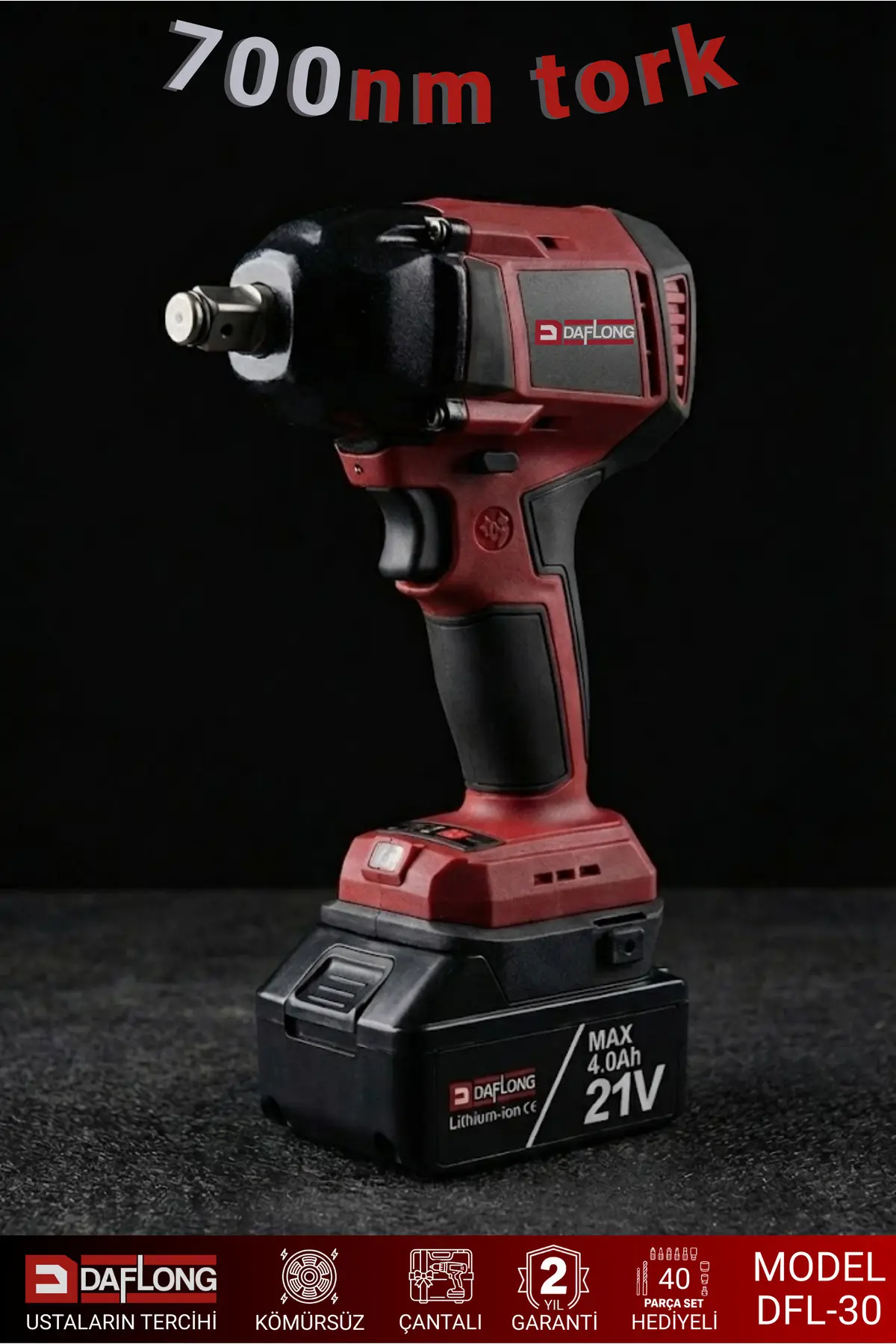 Daflong PRO DİJİTAL EKRANLI DİJİTAL AYARLANABİLİR DEVİR GÜÇLÜ 700NM TORKLU ŞARJLI SOMUN SÖKME DFL-30