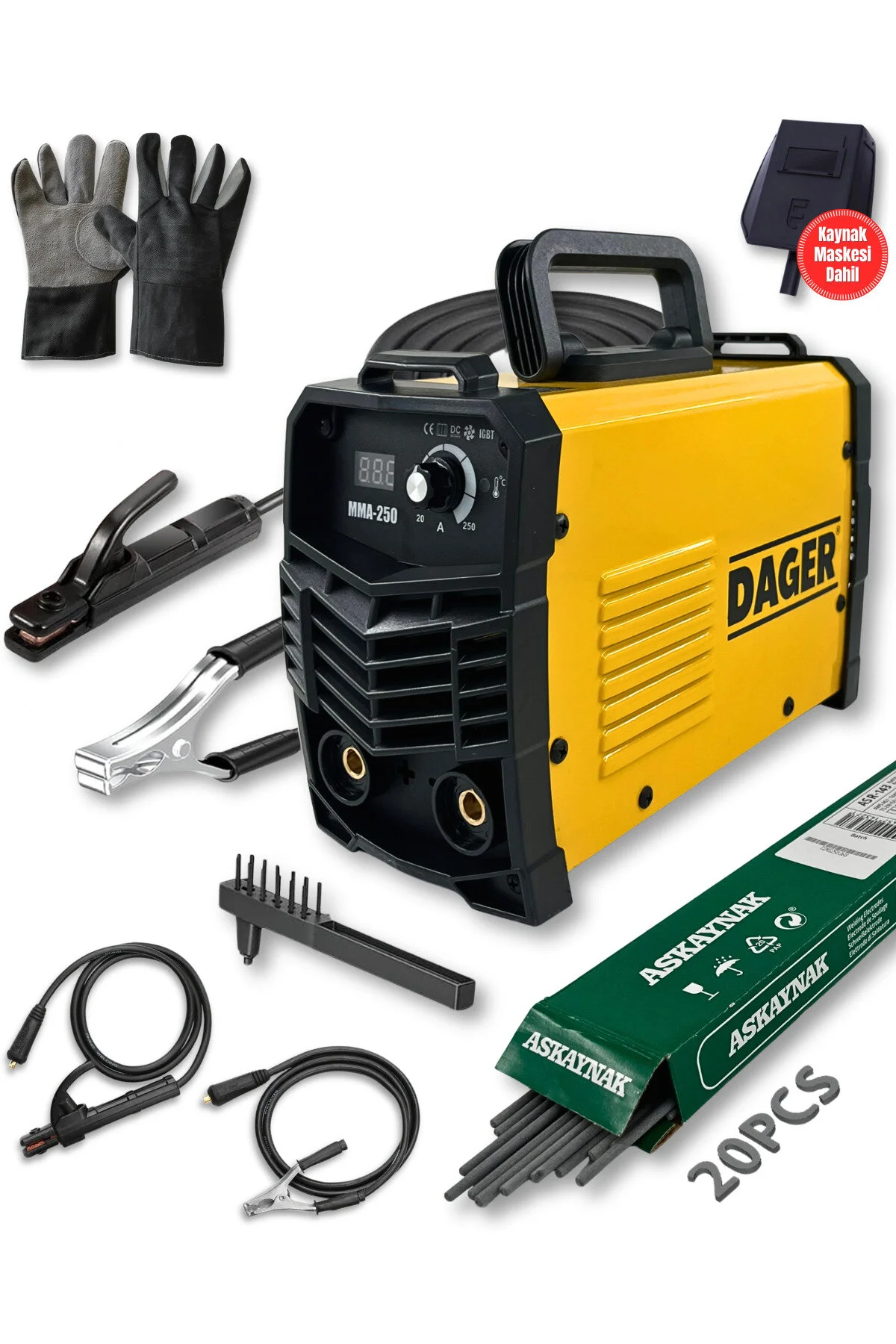 Dager MMA250 250 Amper İnverter Mini Çanta Kaynak Makinesi Seti | IGBT | Dijital Ekran | Elektrod + Maske