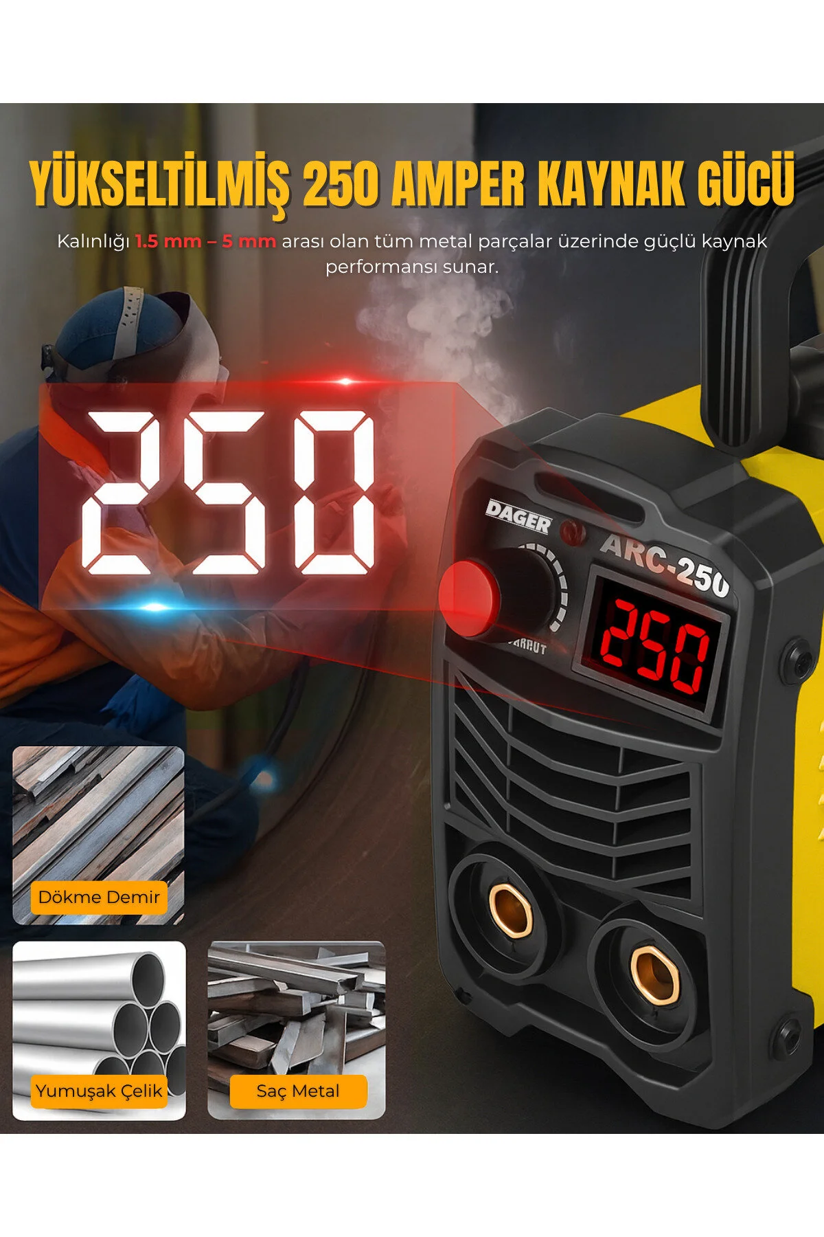 Dager MMA250 250 Amper İnverter Mini Çanta Kaynak Makinesi Seti | IGBT | Dijital Ekran | Elektrod + Maske