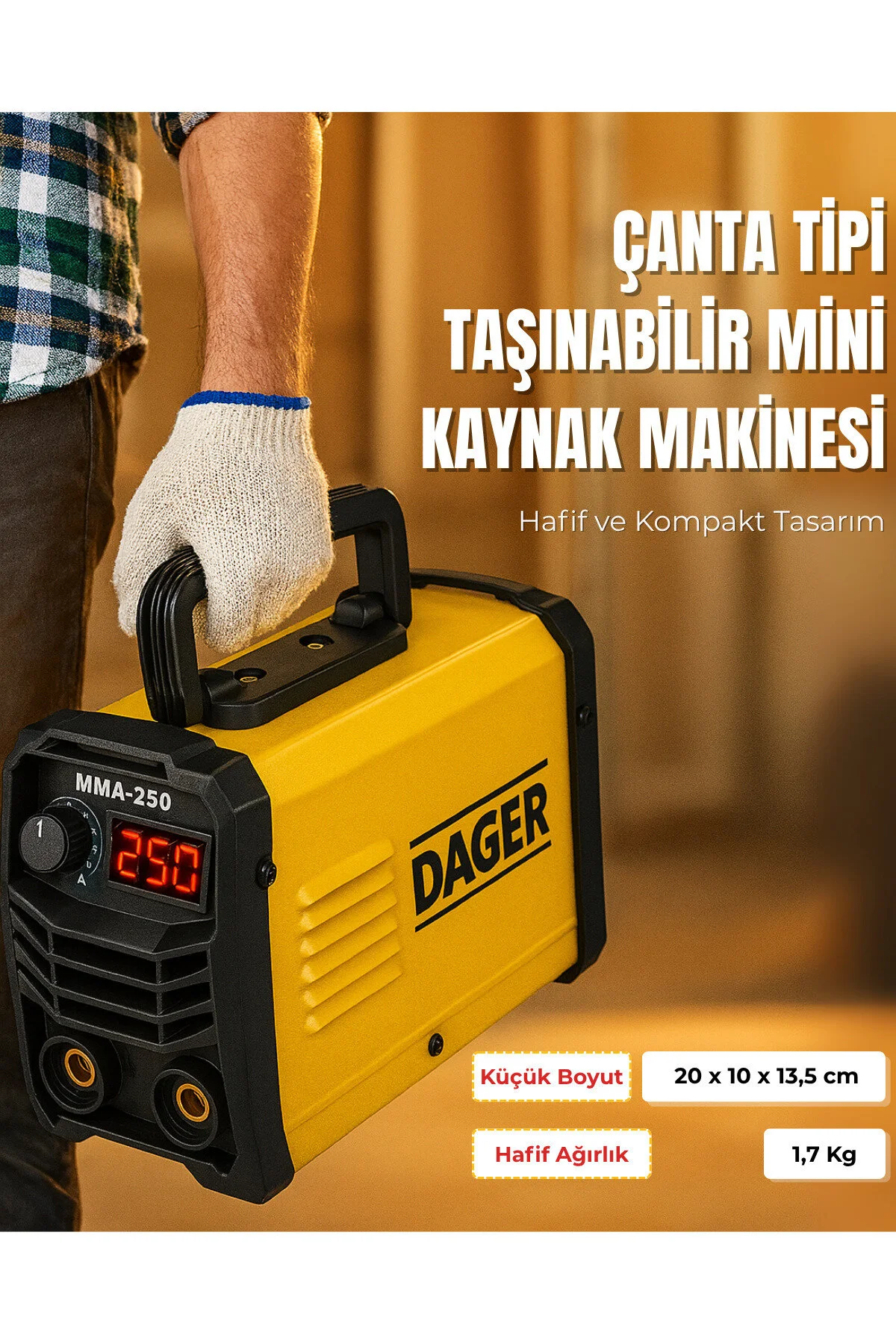 Dager MMA250 250 Amper İnverter Mini Çanta Kaynak Makinesi Seti | IGBT | Dijital Ekran | Elektrod + Maske