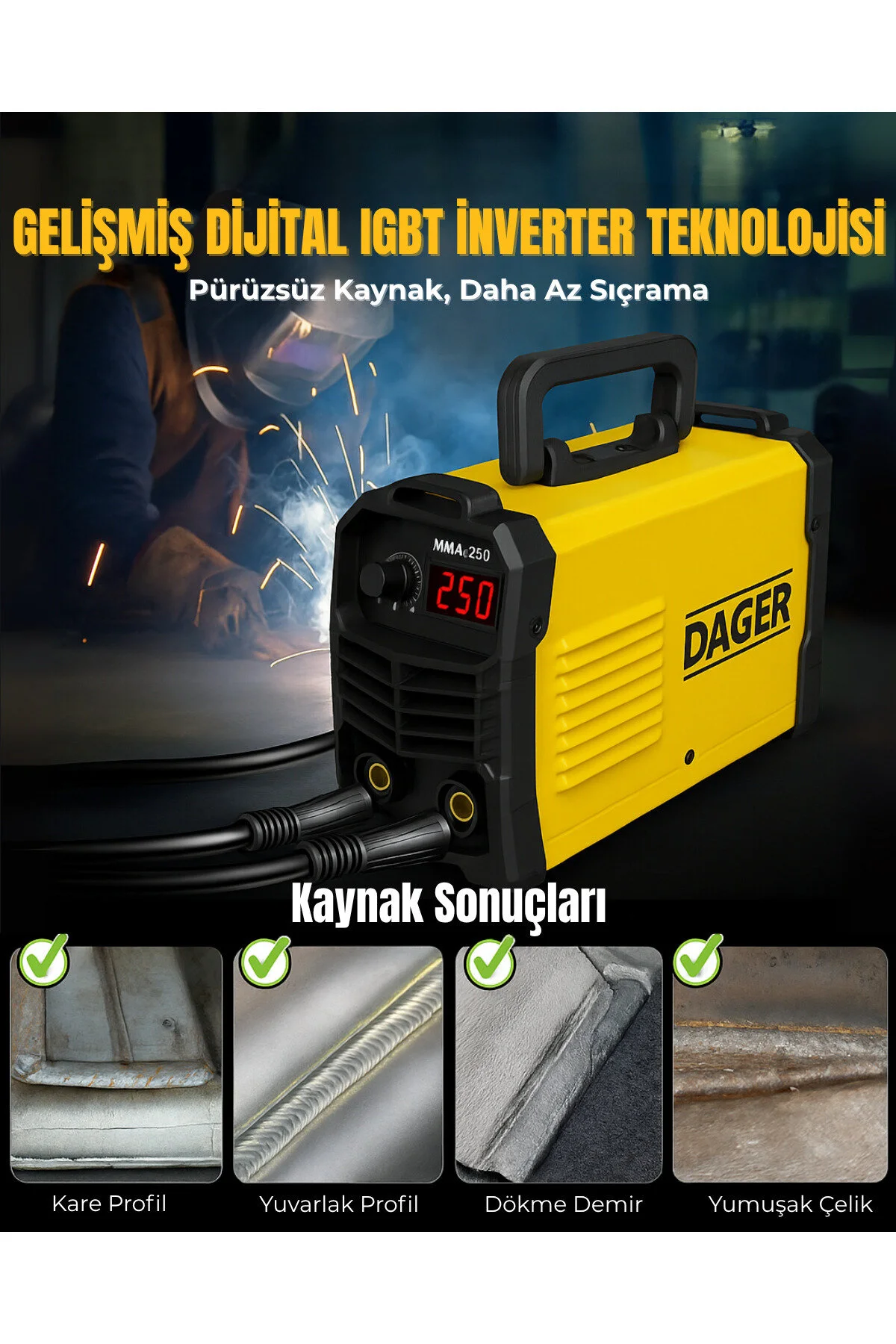 Dager MMA250 250 Amper İnverter Mini Çanta Kaynak Makinesi Seti | IGBT | Dijital Ekran | Elektrod + Maske