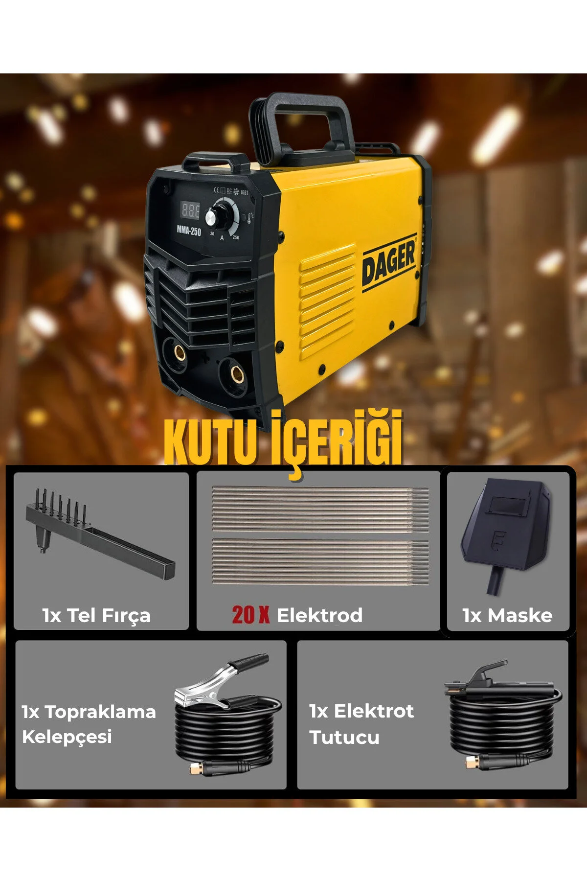 Dager MMA250 250 Amper İnverter Mini Çanta Kaynak Makinesi Seti | IGBT | Dijital Ekran | Elektrod + Maske
