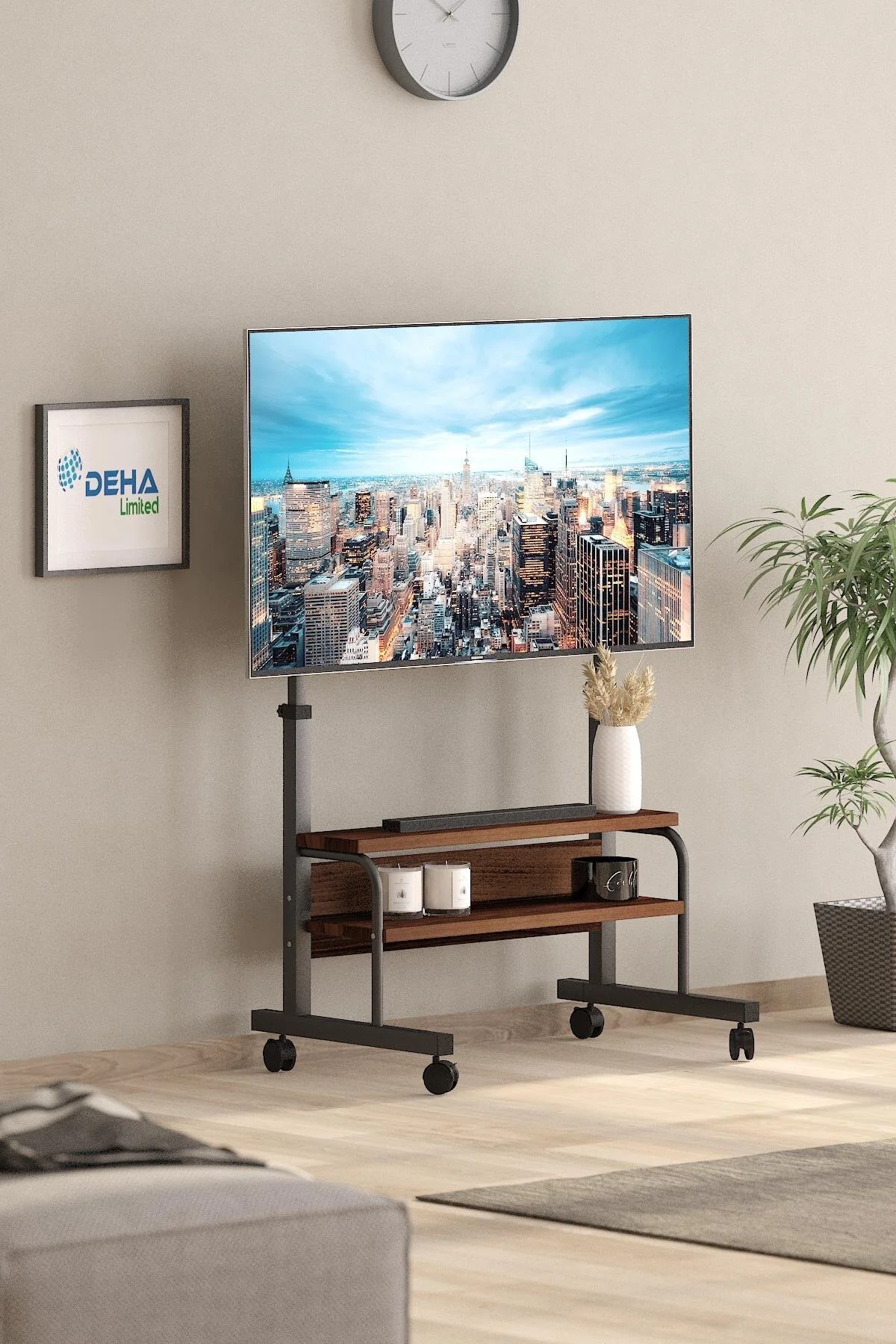 DEHALİMİTED Frenli Tekerlekli Yükseklik Ayarlı TV Duvar Paneli Tv Standı Konsol Hareketli Televizyon Ünitesi