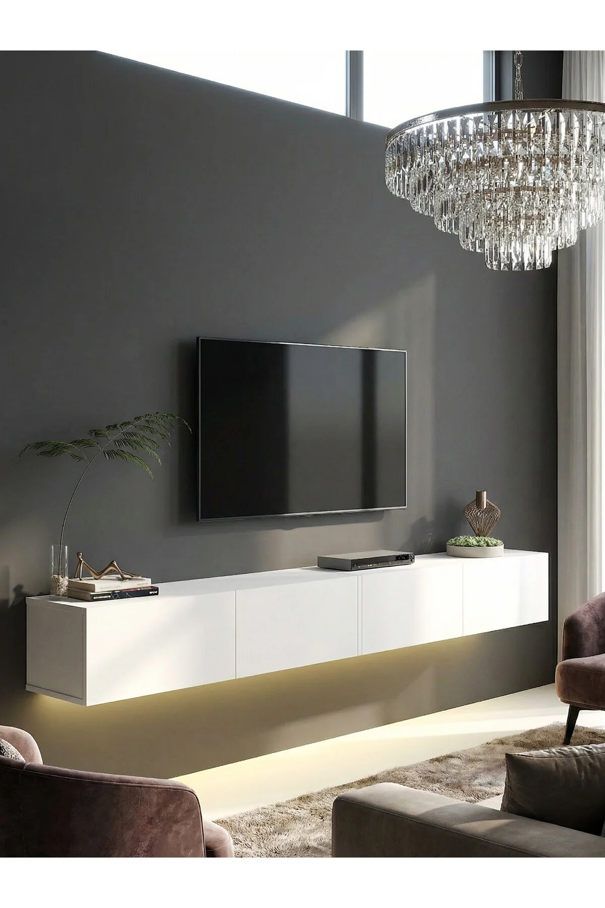 Dorpek LED'li Tv Sehpa & Ünitesi, Duvara Monte Tv Ünitesi Beyaz 240 cm | Homeros