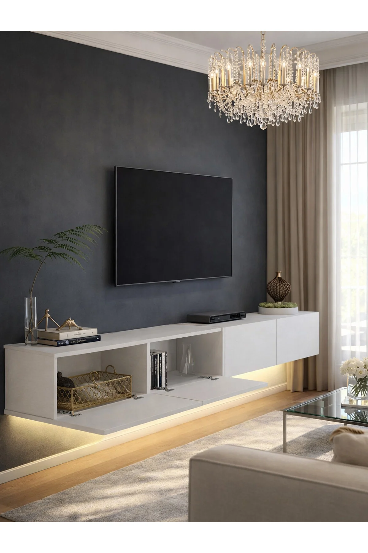 Dorpek LED'li Tv Sehpa & Ünitesi, Duvara Monte Tv Ünitesi Beyaz 240 cm | Homeros