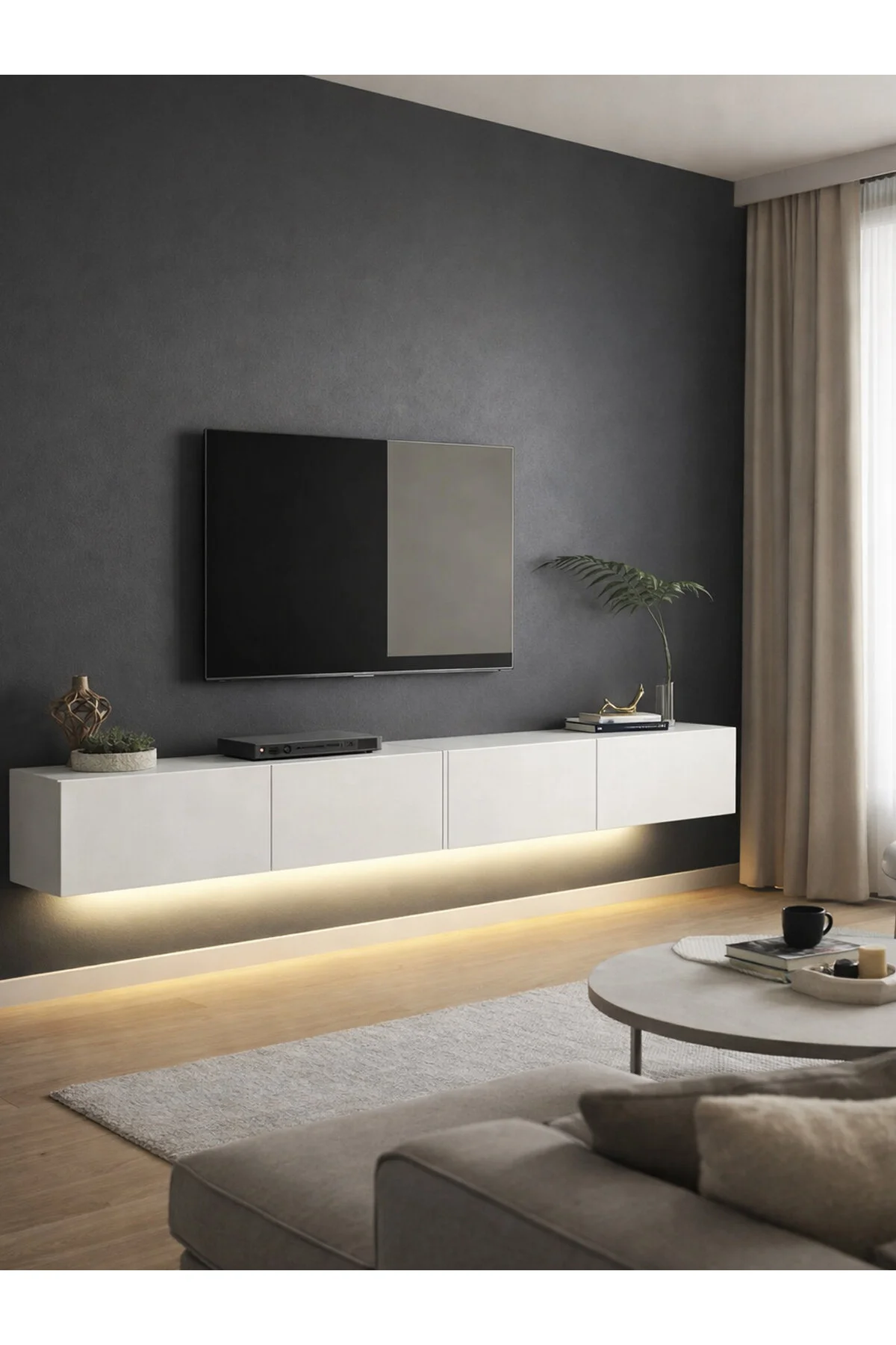 Dorpek LED'li Tv Sehpa & Ünitesi, Duvara Monte Tv Ünitesi Beyaz 240 cm | Homeros