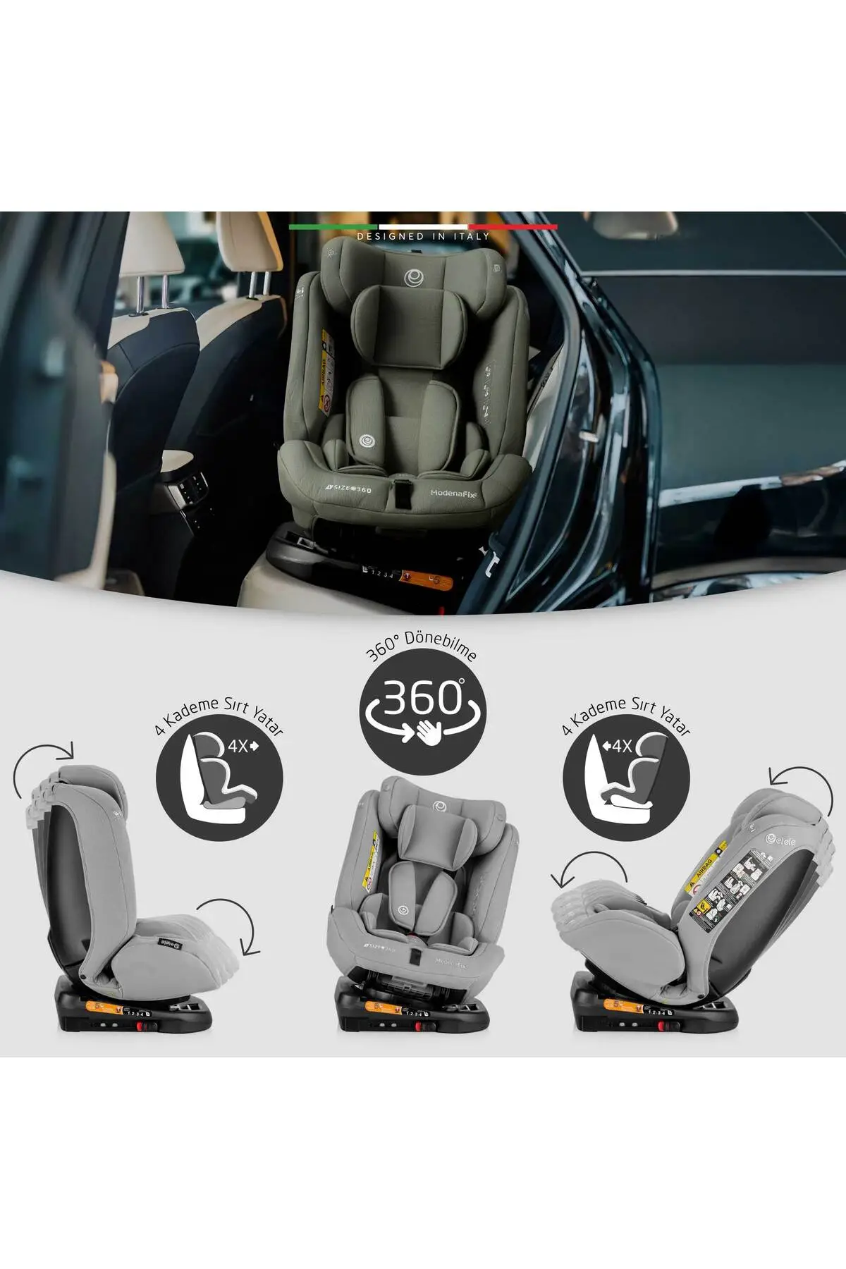 Elele ModenaFix 2 360° Dönen I-Size Oto Koltuğu İsoFix 40-150 CM 0-36 KG Siyah