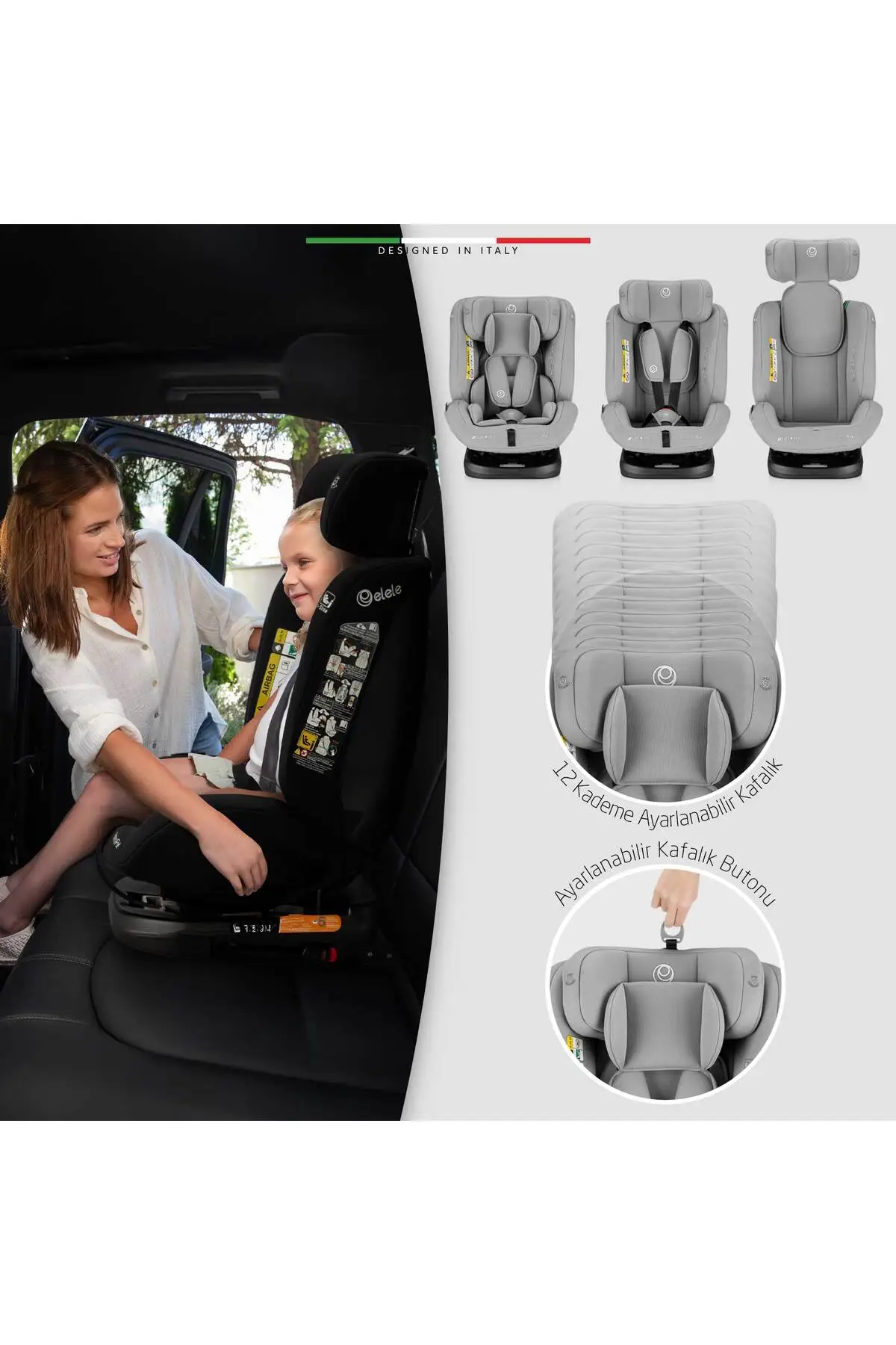 Elele ModenaFix 2 360° Dönen I-Size Oto Koltuğu İsoFix 40-150 CM 0-36 KG Siyah
