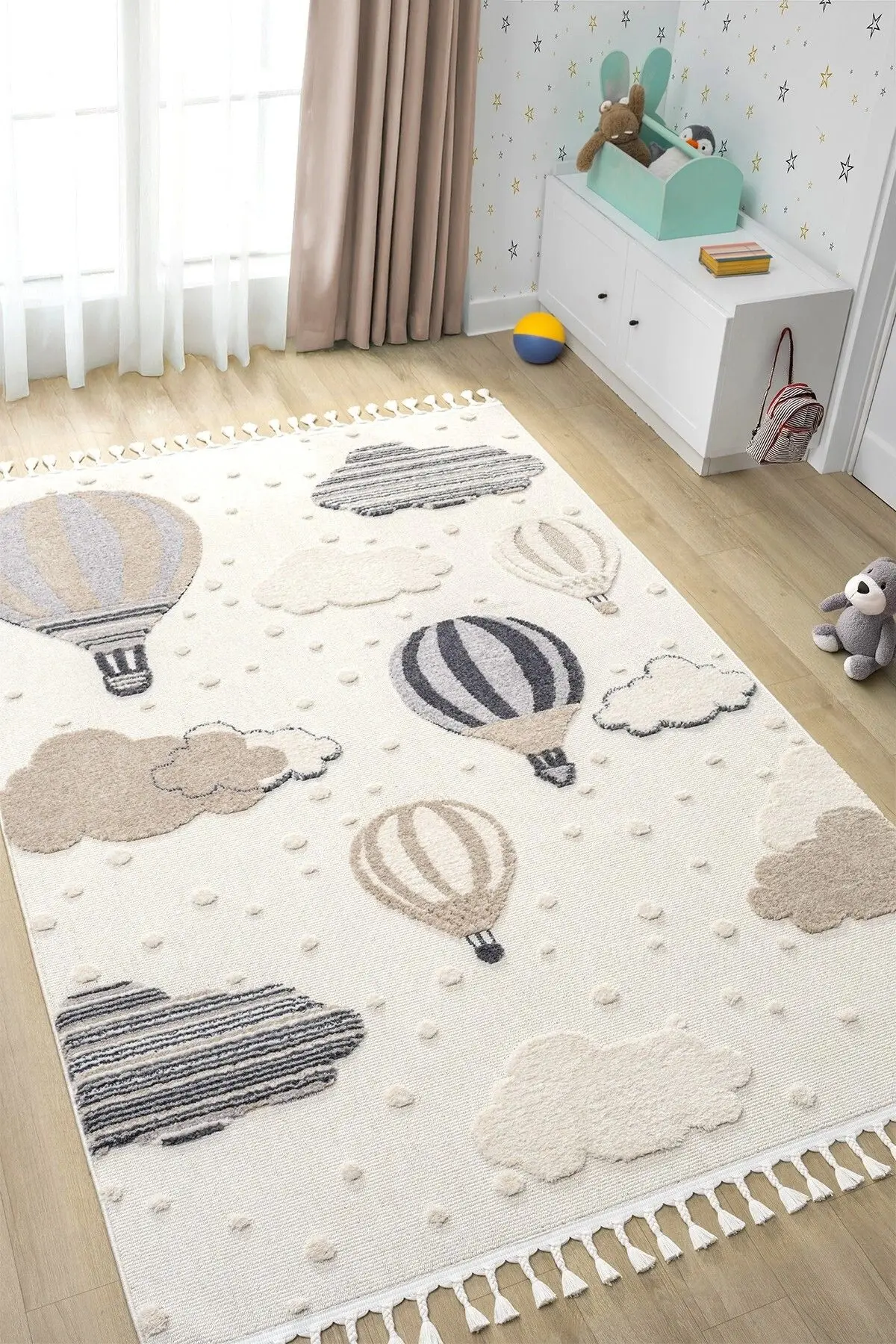 Eliz Home Krem Yumuşak Bukleli Balonlu Bulutlu Dokuma Halı Bebek Odası Çocuk Odası Genç Odası Halısı 16