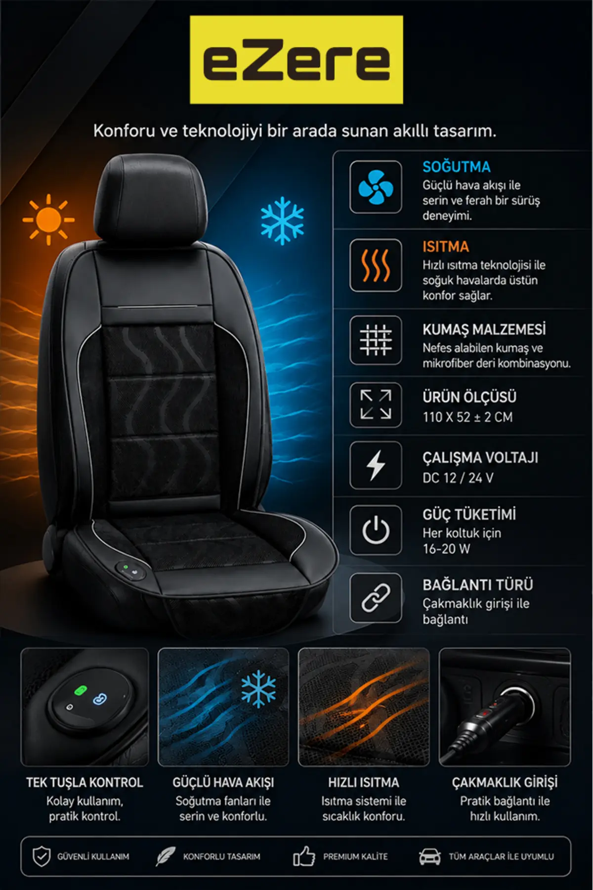EZERE CoolSeat 12V Araç Koltuk Soğutucu ve Isıtıcı Fanlı Minder 3 Kademeli SIYAH