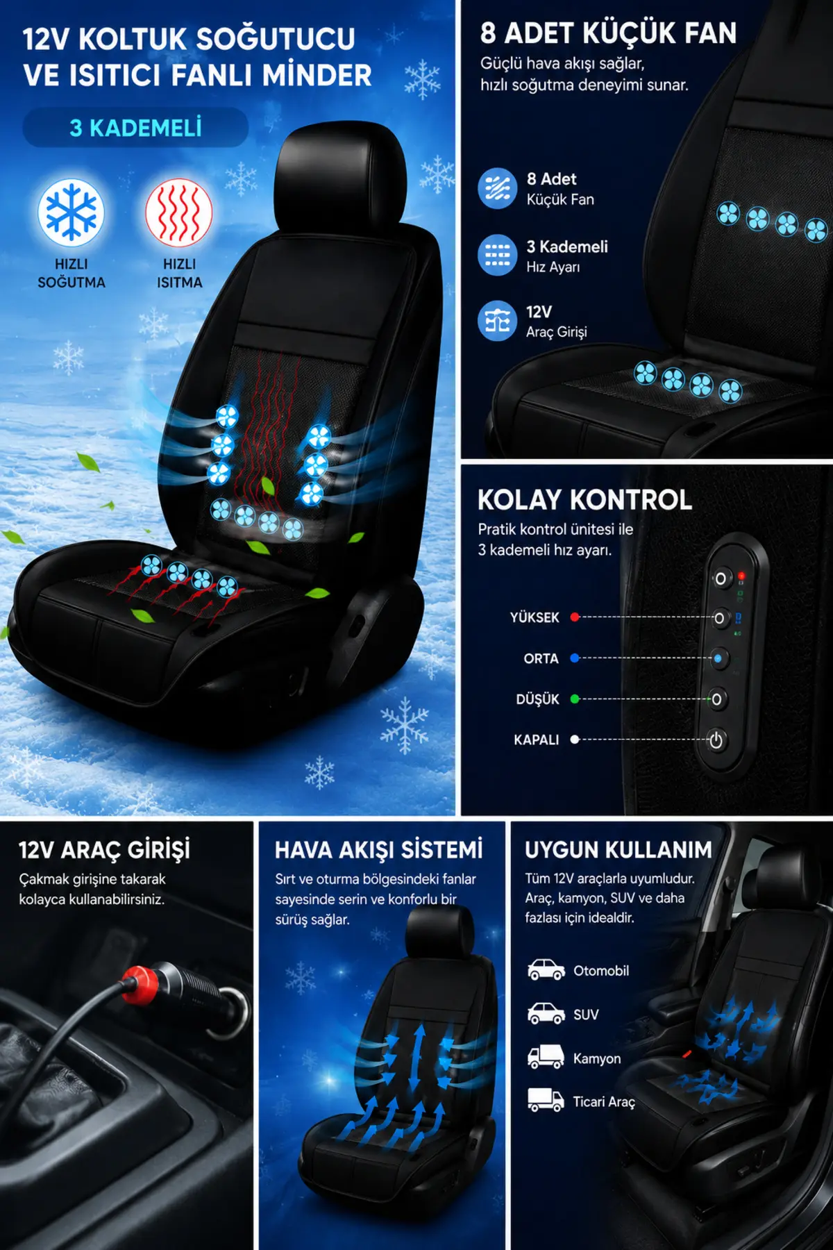 EZERE CoolSeat 12V Araç Koltuk Soğutucu ve Isıtıcı Fanlı Minder 3 Kademeli SIYAH