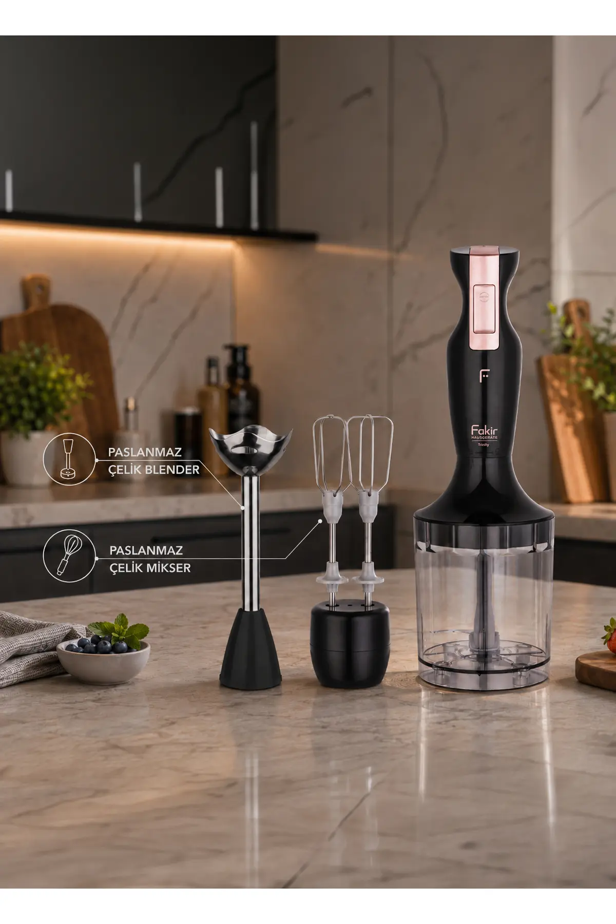 Fakir Trinity 900 W Paslanmaz Çelik Blender Seti, Doğrayıcı ve Çırpıcı, Siyah