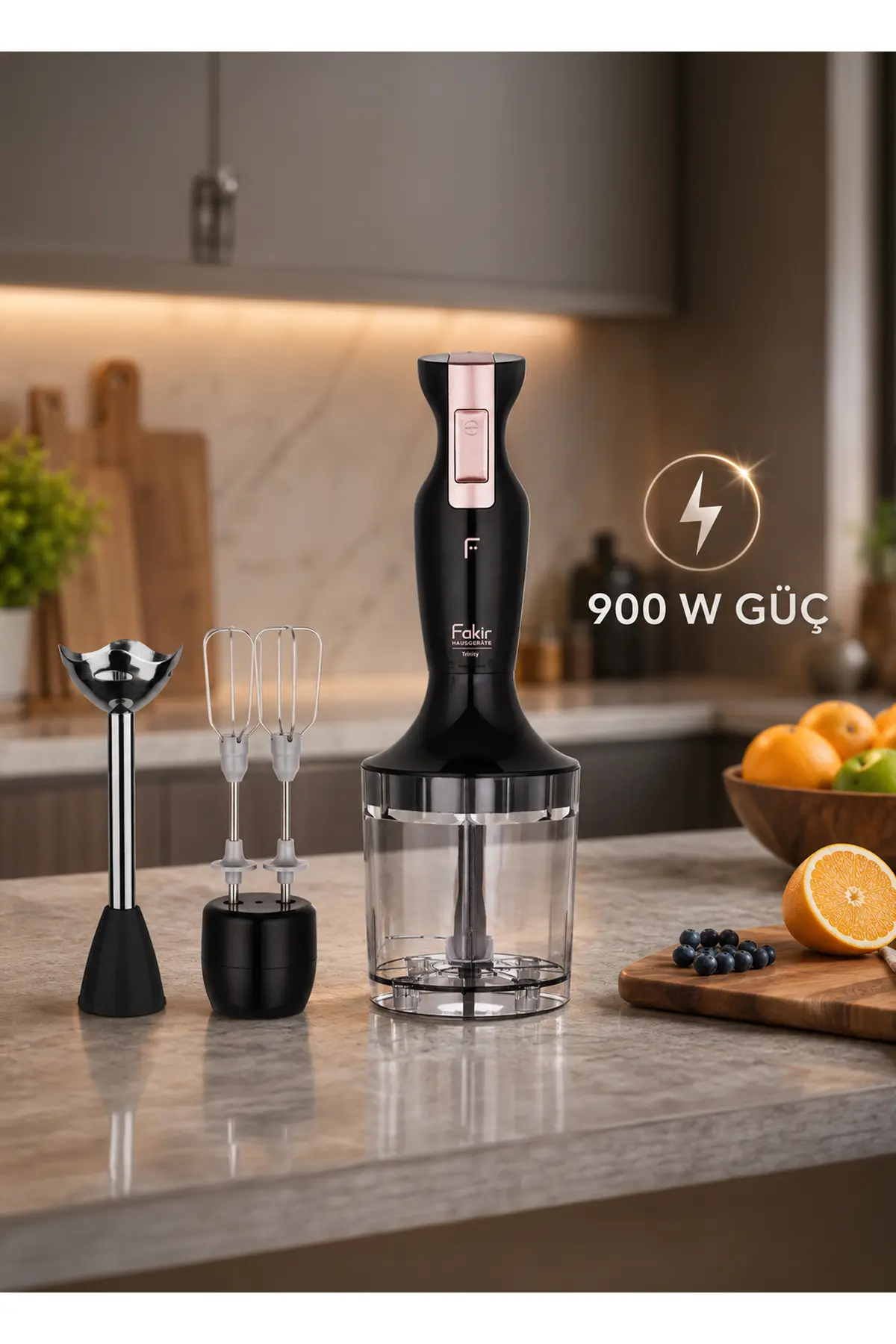 Fakir Trinity 900 W Paslanmaz Çelik Blender Seti, Doğrayıcı ve Çırpıcı, Siyah