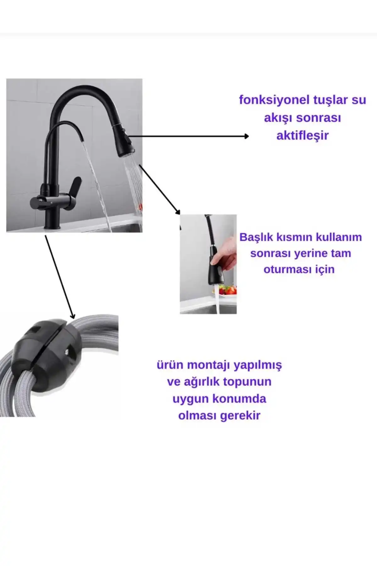 Flora Vortex Arıtmalı Çift Çıkışlı Spiralli Mutfak Bataryası (Yavrulu Musluk) – 3 Yollu Pirinç Gövde A+