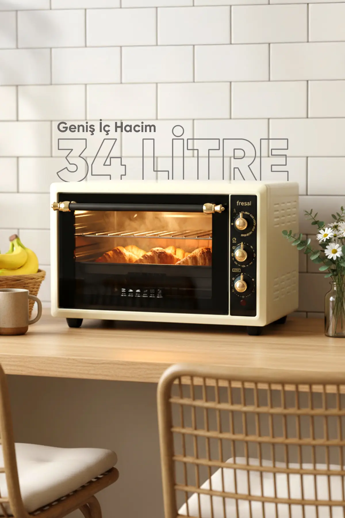 Fressi Turbo Midi Fırın Vintage Retro 34 Litre, Lambalı, Termostatlı, Saatli Fr-mf01